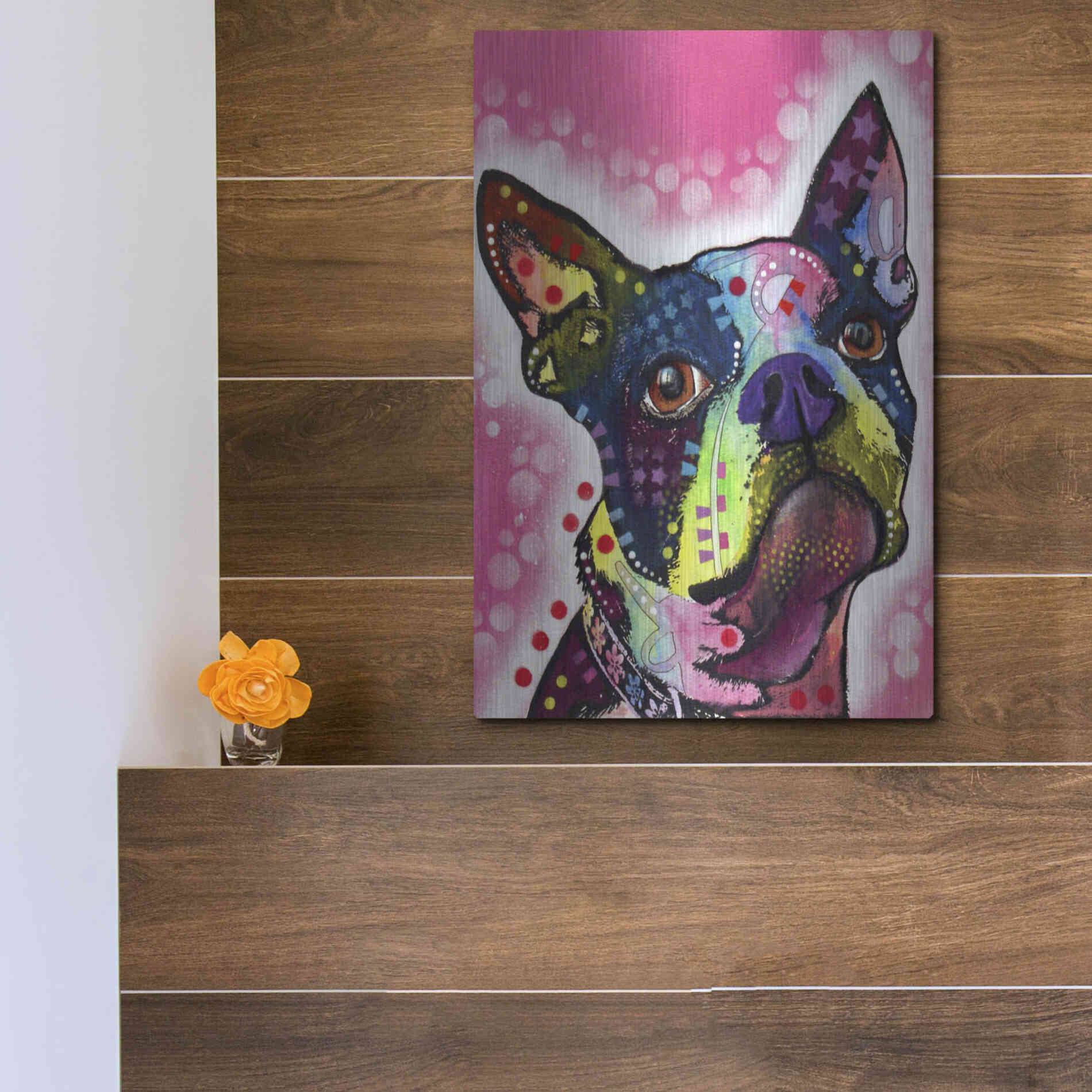 Luxe Metal Art 'Boston Terrier' by Dean Russo, Metal Wall Art,12x16