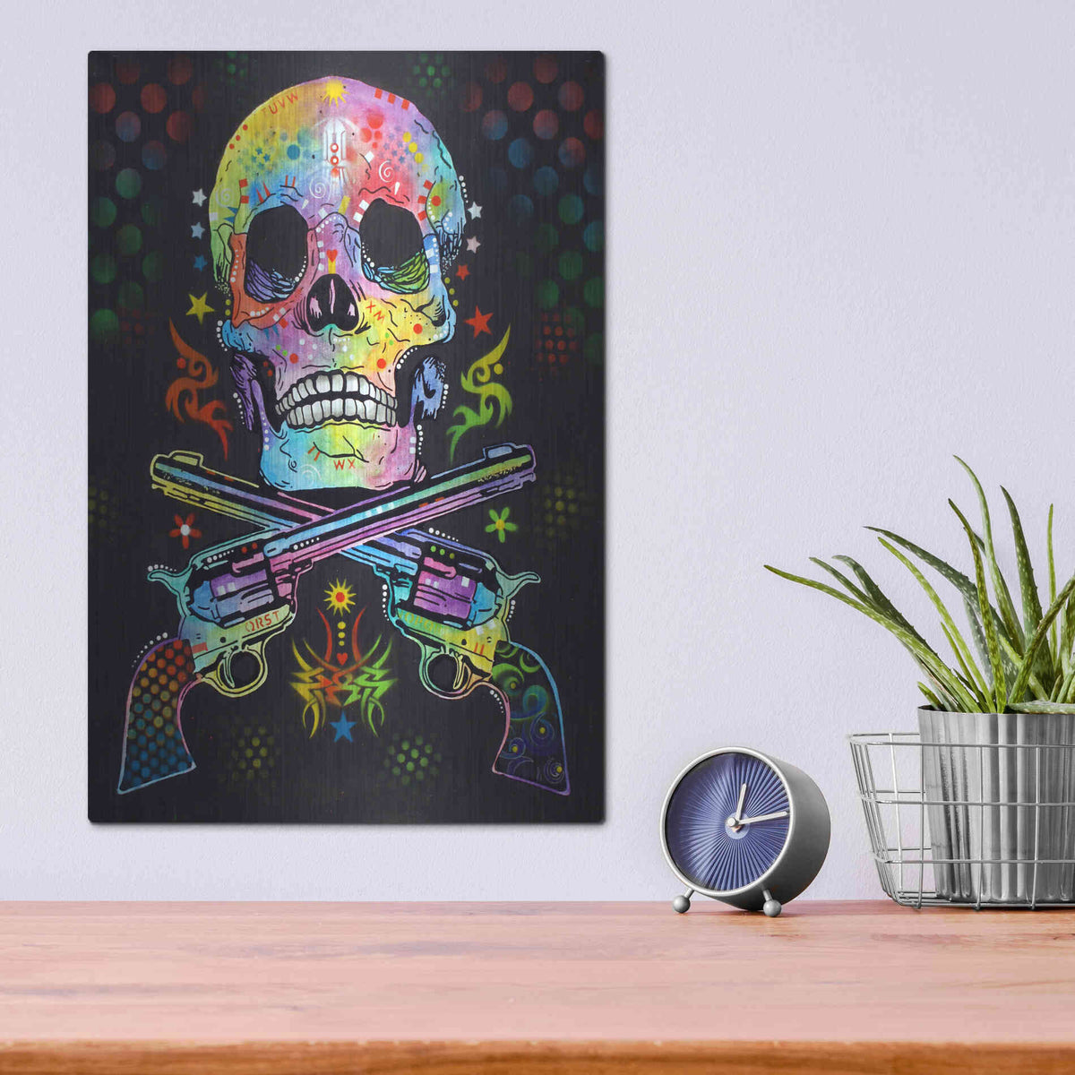 Luxe Metal Art 'Skull & Guns' by Dean Russo, Metal Wall Art,12x16