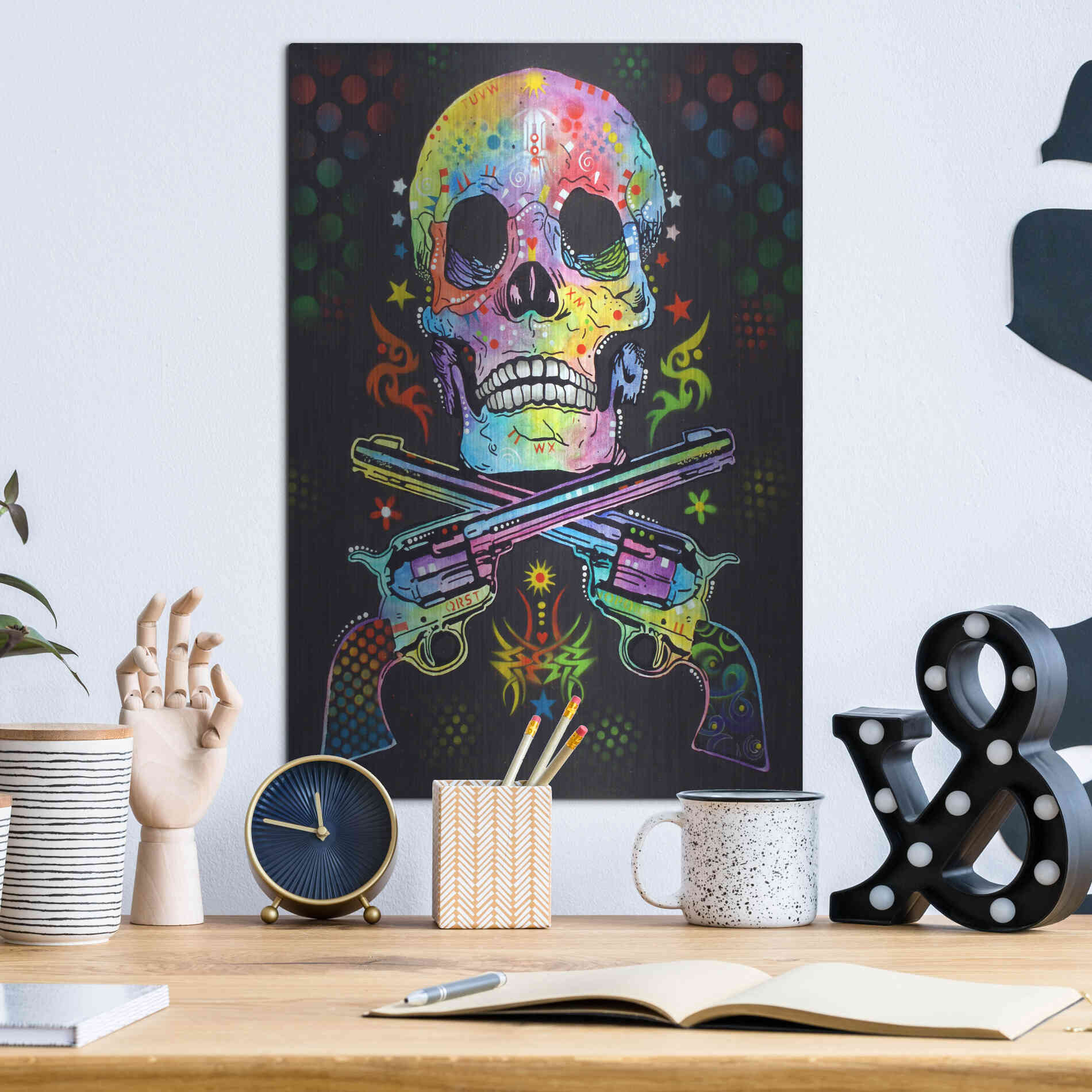 Luxe Metal Art 'Skull & Guns' by Dean Russo, Metal Wall Art,12x16