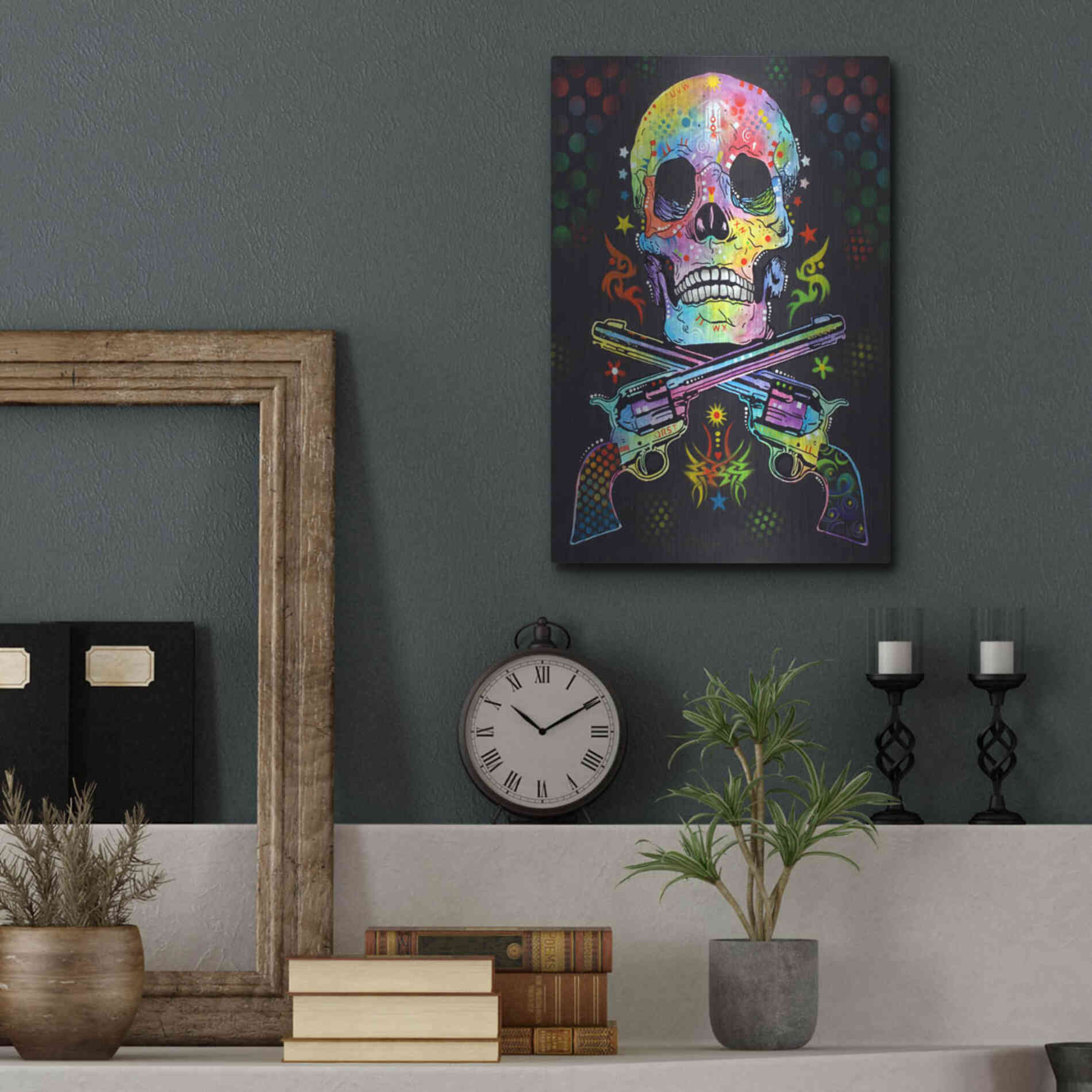 Luxe Metal Art 'Skull & Guns' by Dean Russo, Metal Wall Art,12x16