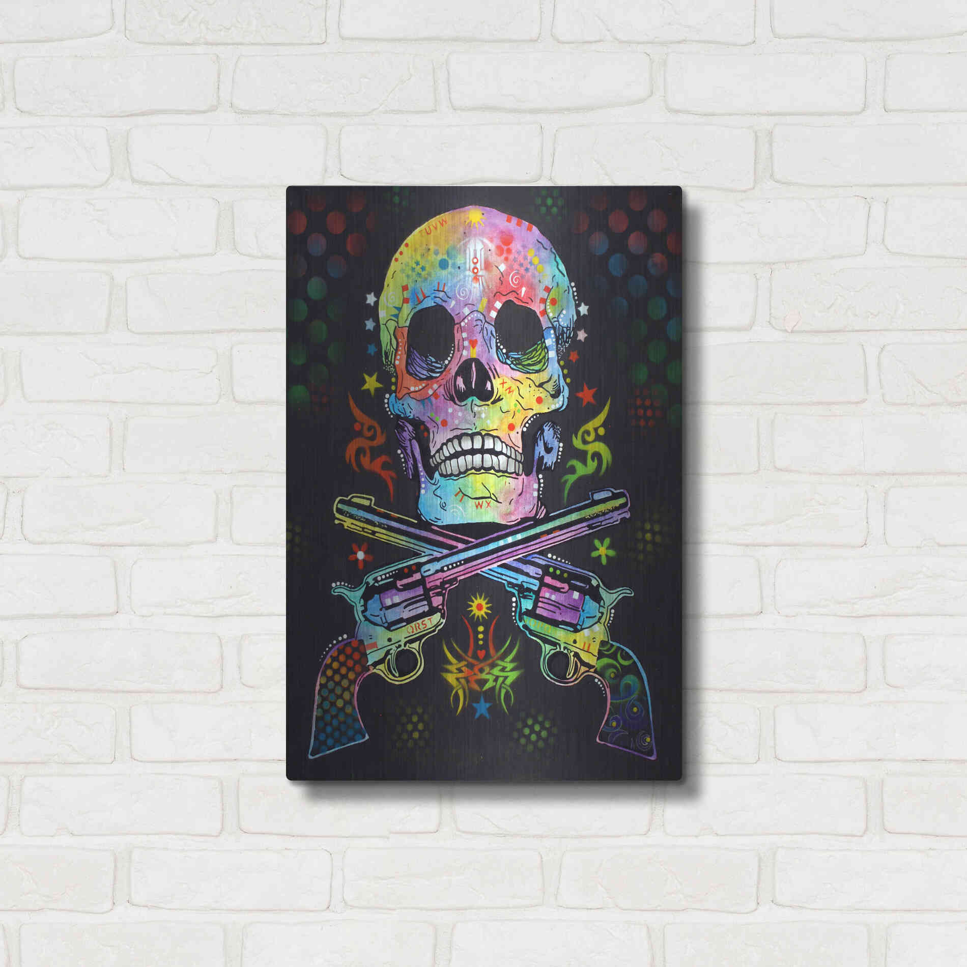 Luxe Metal Art 'Skull & Guns' by Dean Russo, Metal Wall Art,16x24