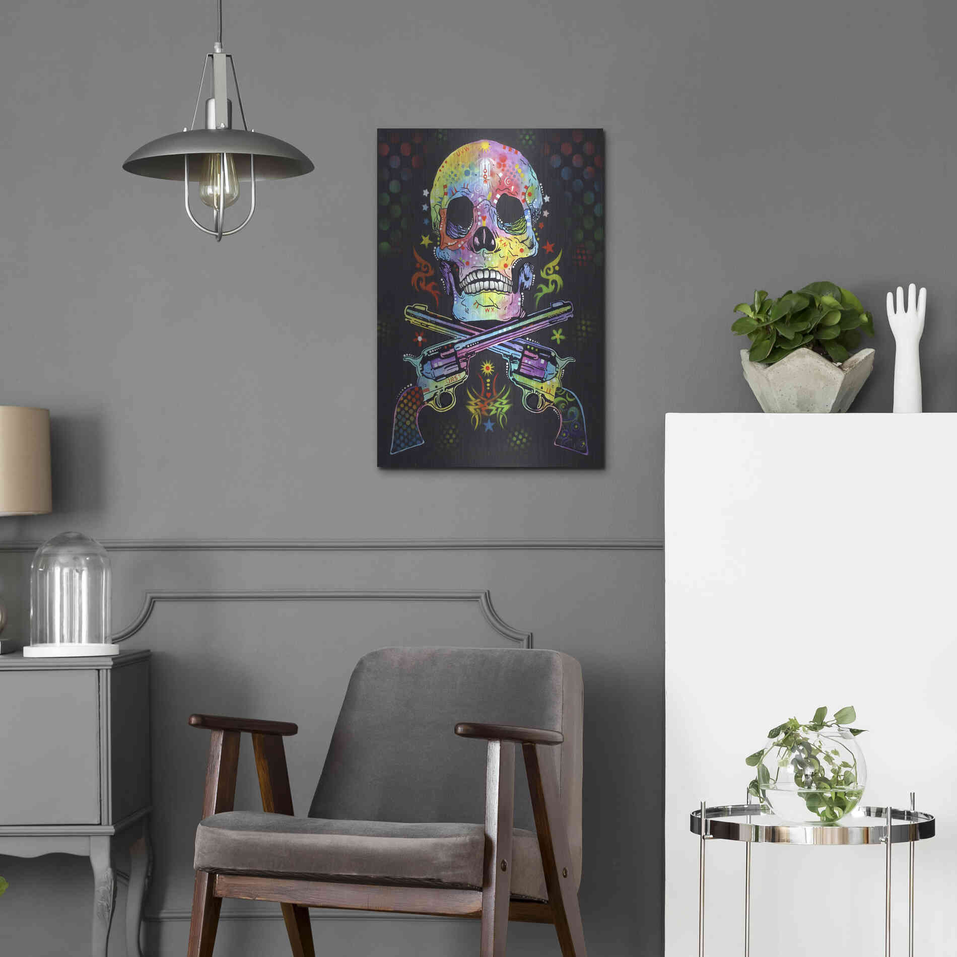 Luxe Metal Art 'Skull & Guns' by Dean Russo, Metal Wall Art,16x24