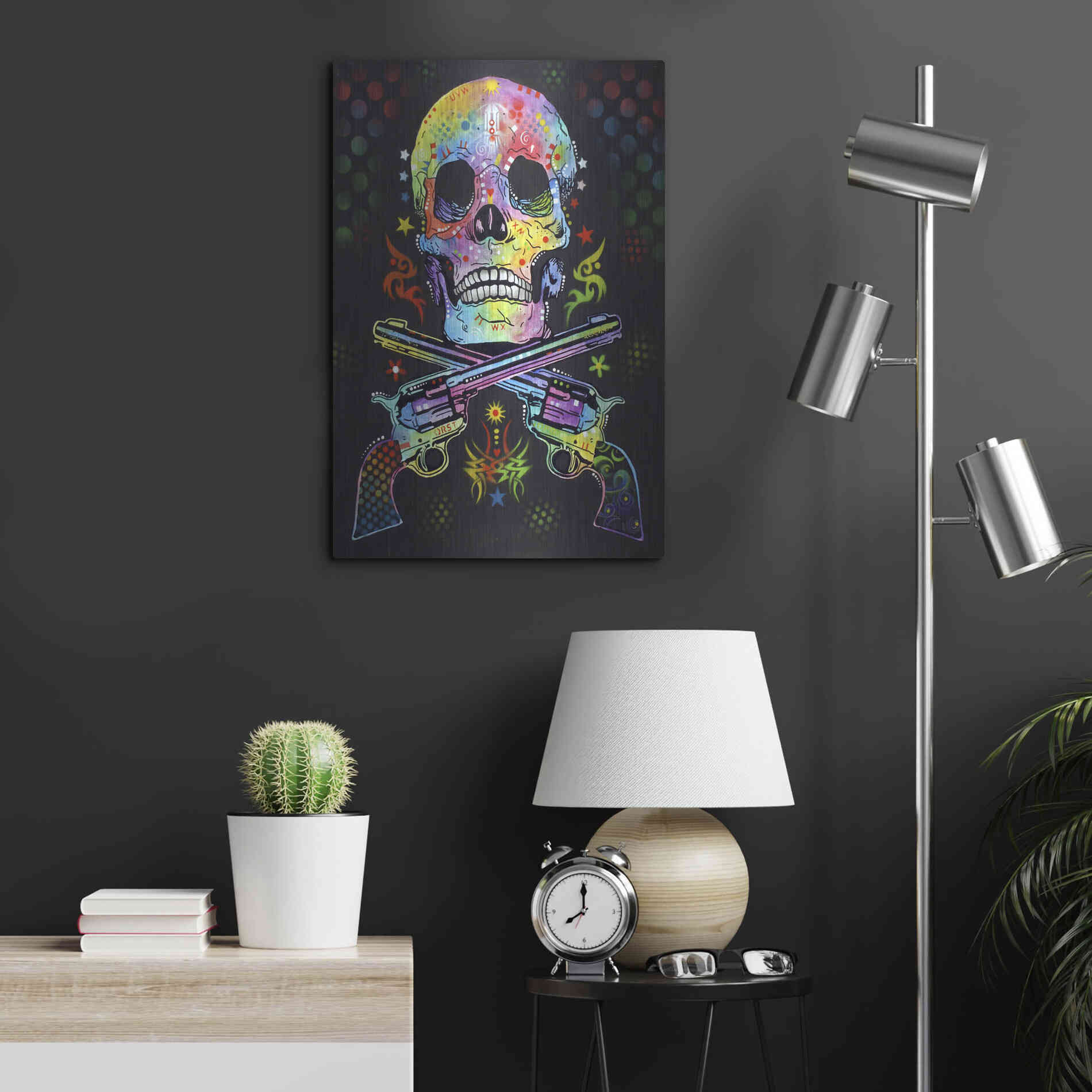 Luxe Metal Art 'Skull & Guns' by Dean Russo, Metal Wall Art,16x24