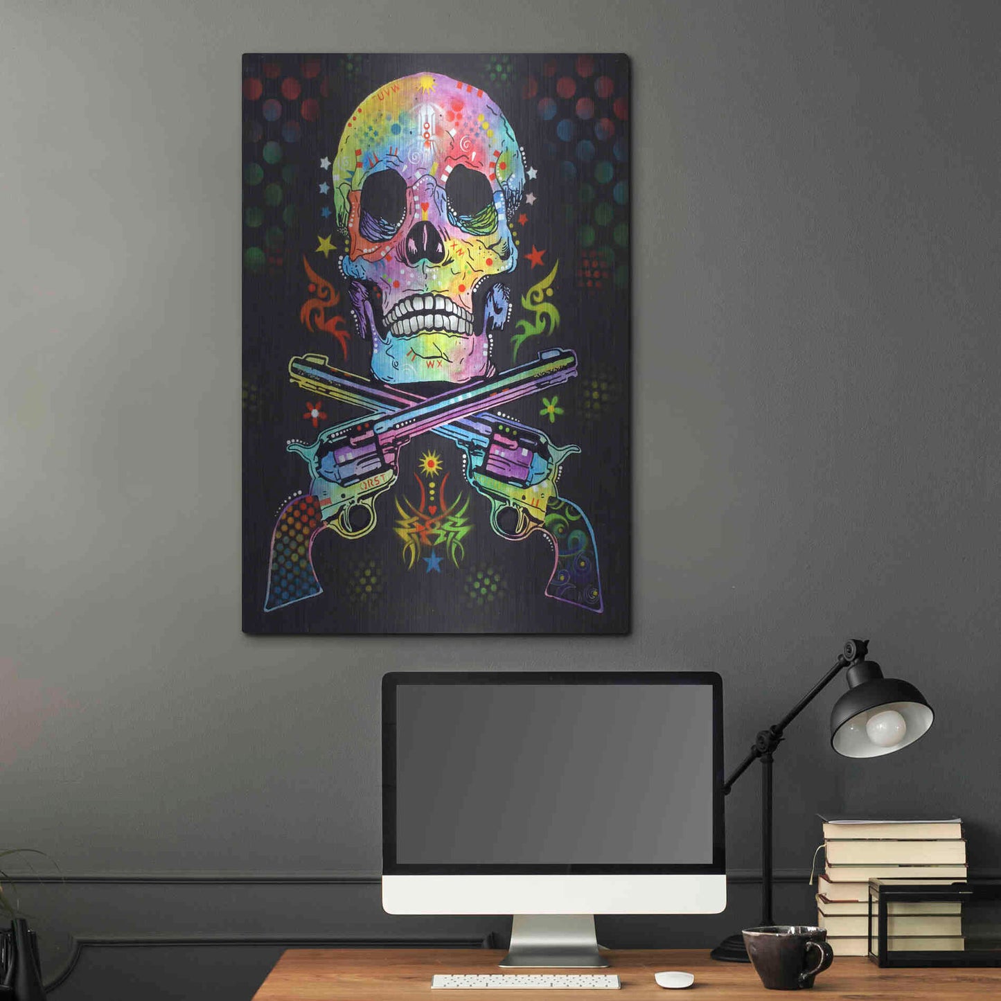 Luxe Metal Art 'Skull & Guns' by Dean Russo, Metal Wall Art,24x36