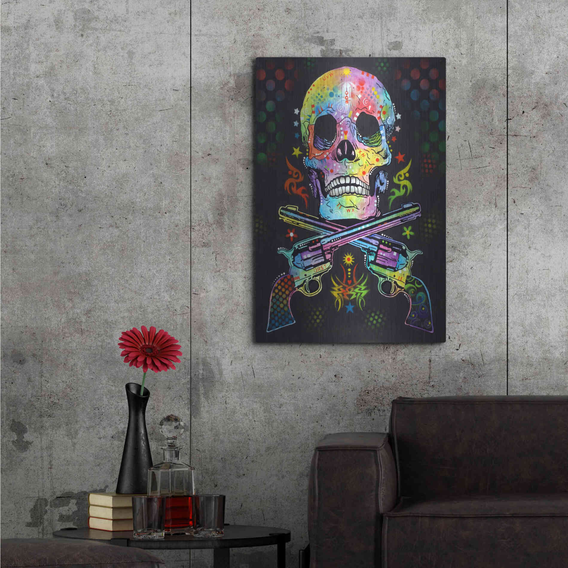 Luxe Metal Art 'Skull & Guns' by Dean Russo, Metal Wall Art,24x36