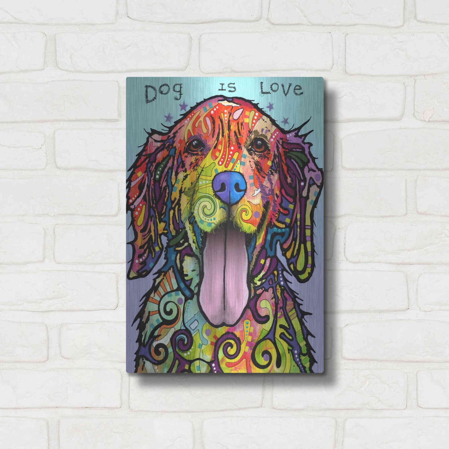 Luxe Metal Art 'Dog Is Love' by Dean Russo, Metal Wall Art,12x16