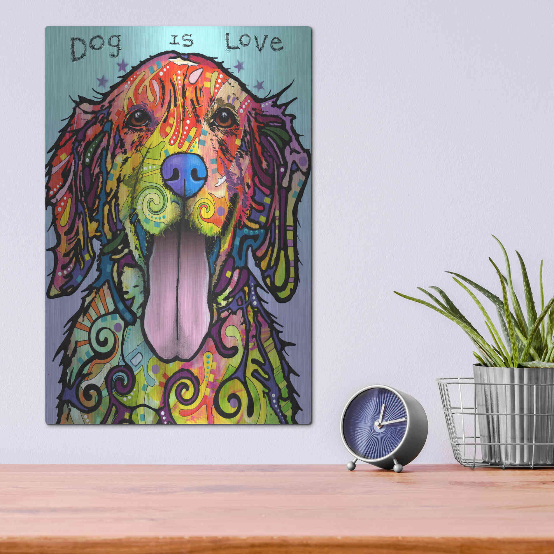 Luxe Metal Art 'Dog Is Love' by Dean Russo, Metal Wall Art,12x16