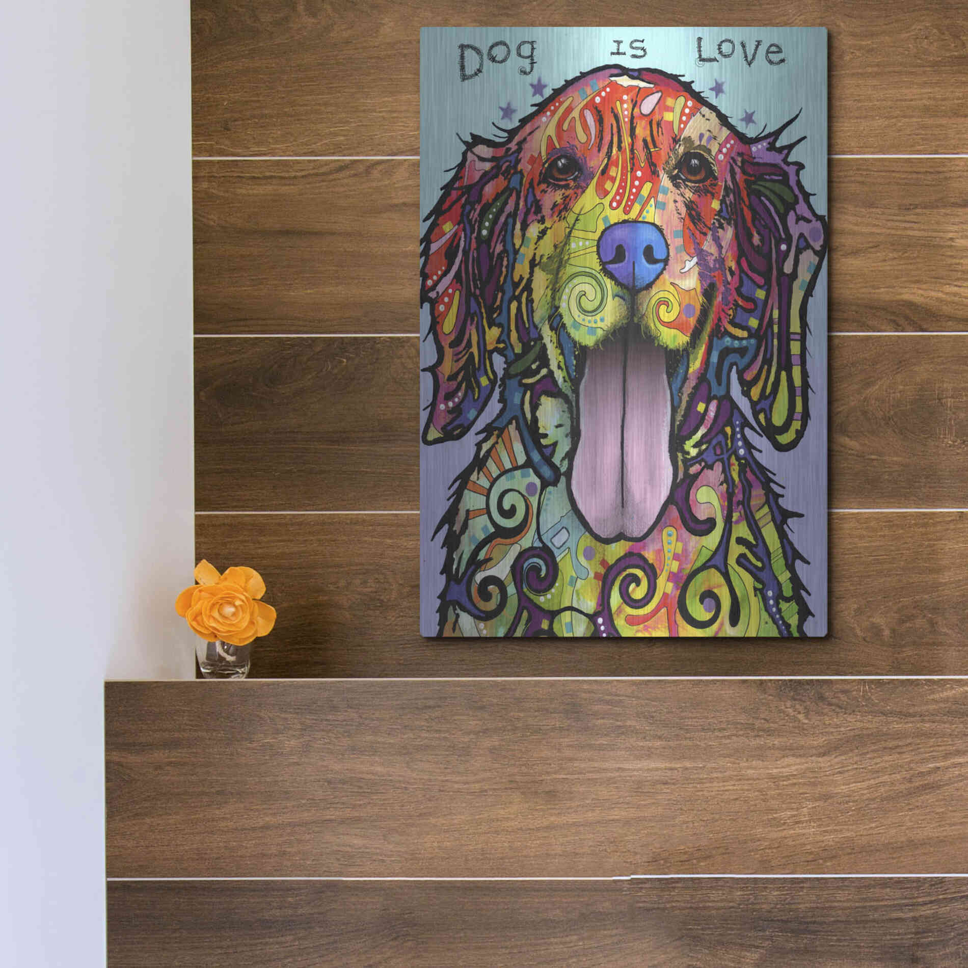 Luxe Metal Art 'Dog Is Love' by Dean Russo, Metal Wall Art,12x16