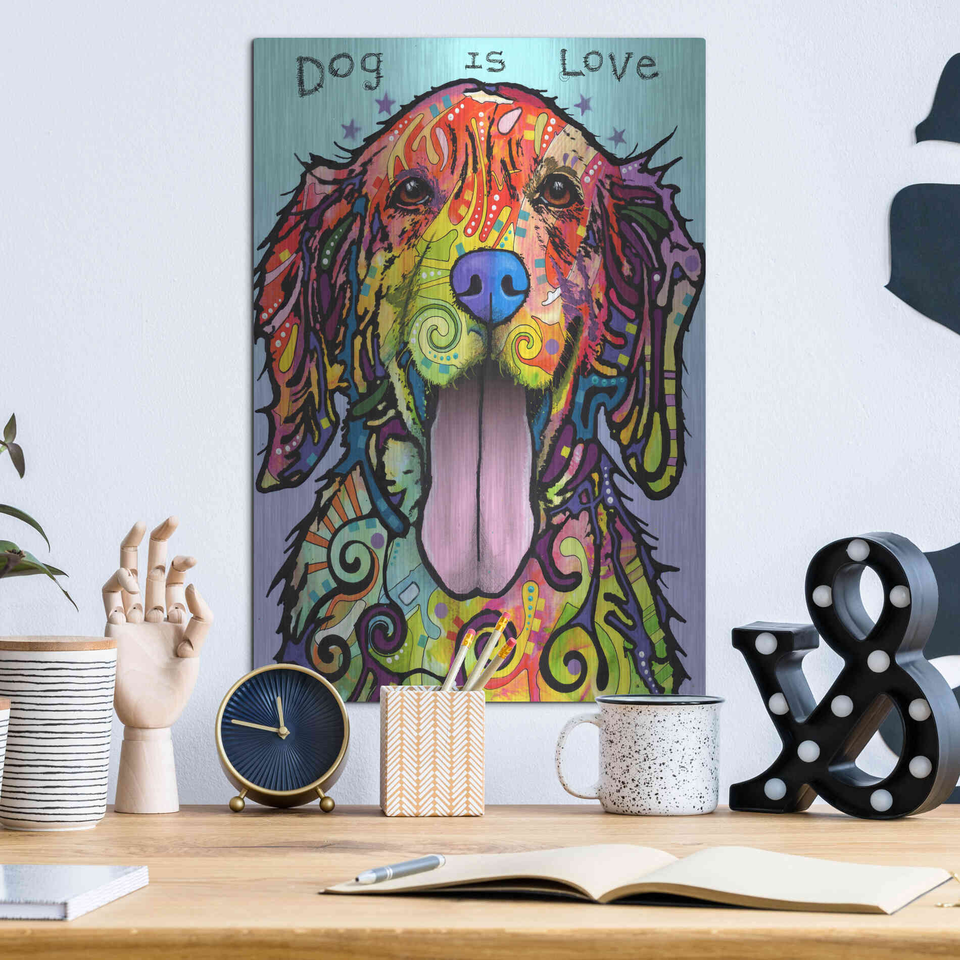 Luxe Metal Art 'Dog Is Love' by Dean Russo, Metal Wall Art,12x16