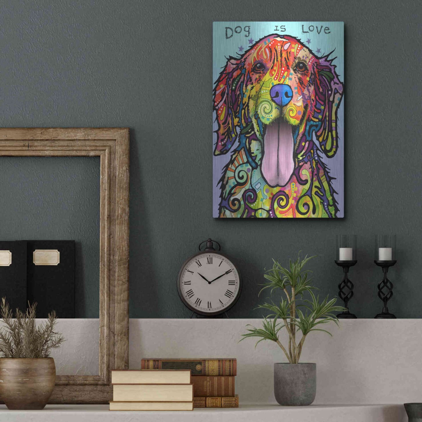 Luxe Metal Art 'Dog Is Love' by Dean Russo, Metal Wall Art,12x16