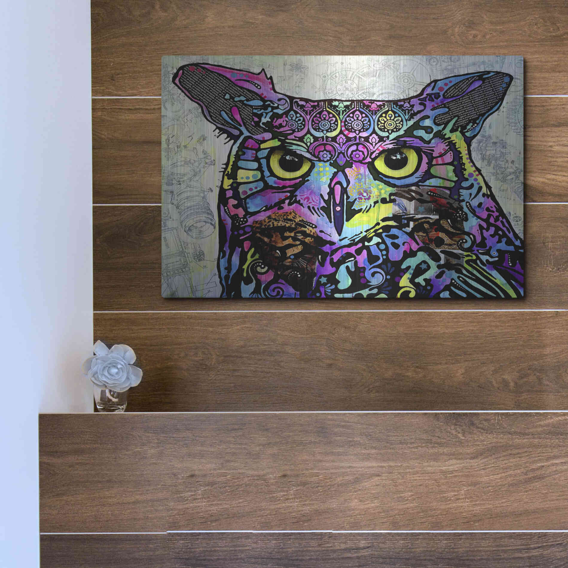 Luxe Metal Art 'The Owl' by Dean Russo, Metal Wall Art,16x12