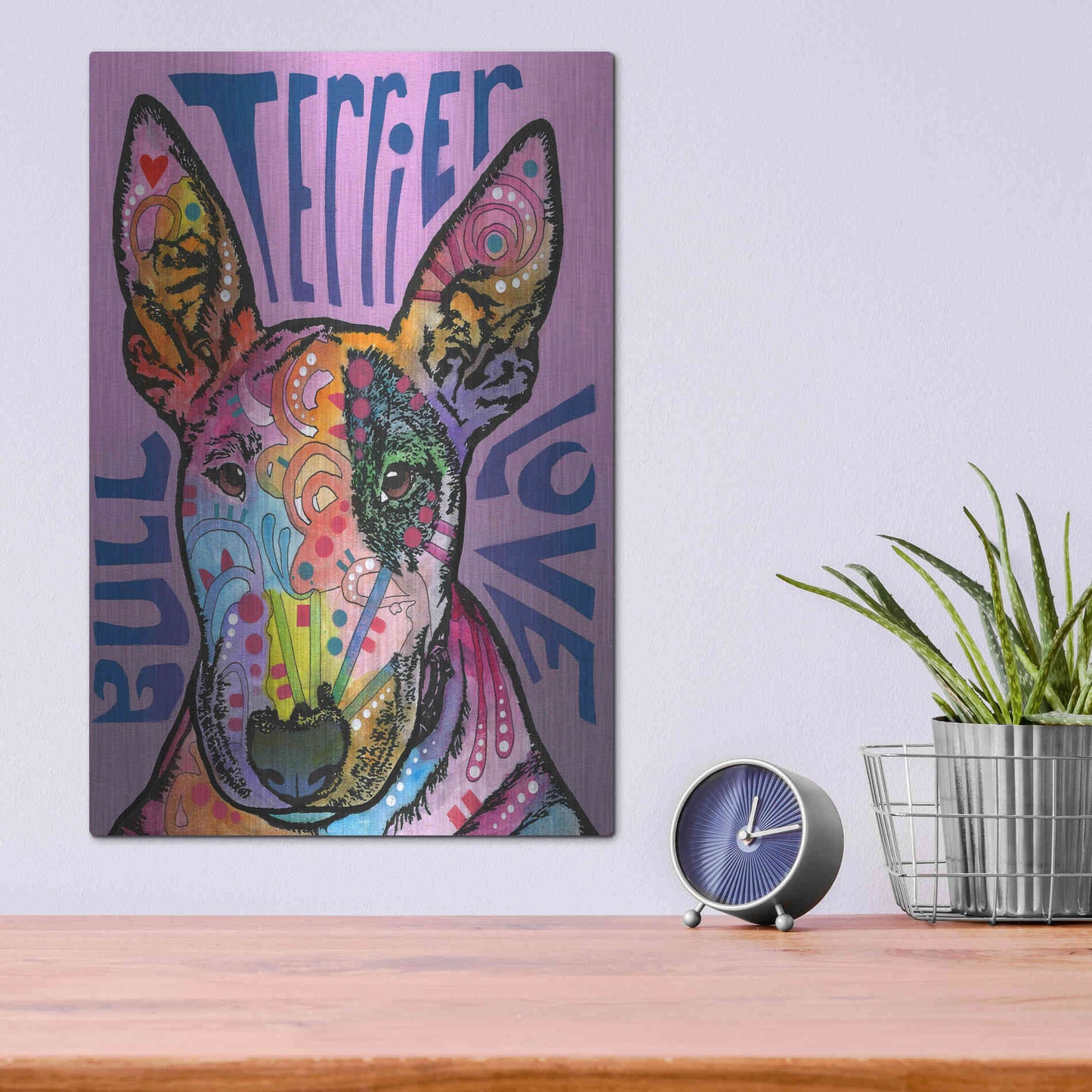 Luxe Metal Art 'Bull Terrier Luv' by Dean Russo, Metal Wall Art,12x16