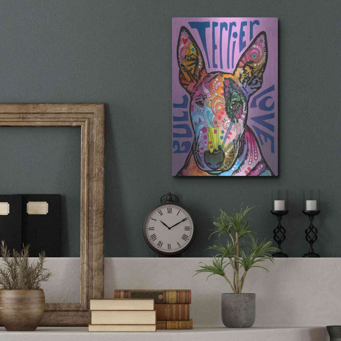 Luxe Metal Art 'Bull Terrier Luv' by Dean Russo, Metal Wall Art,12x16