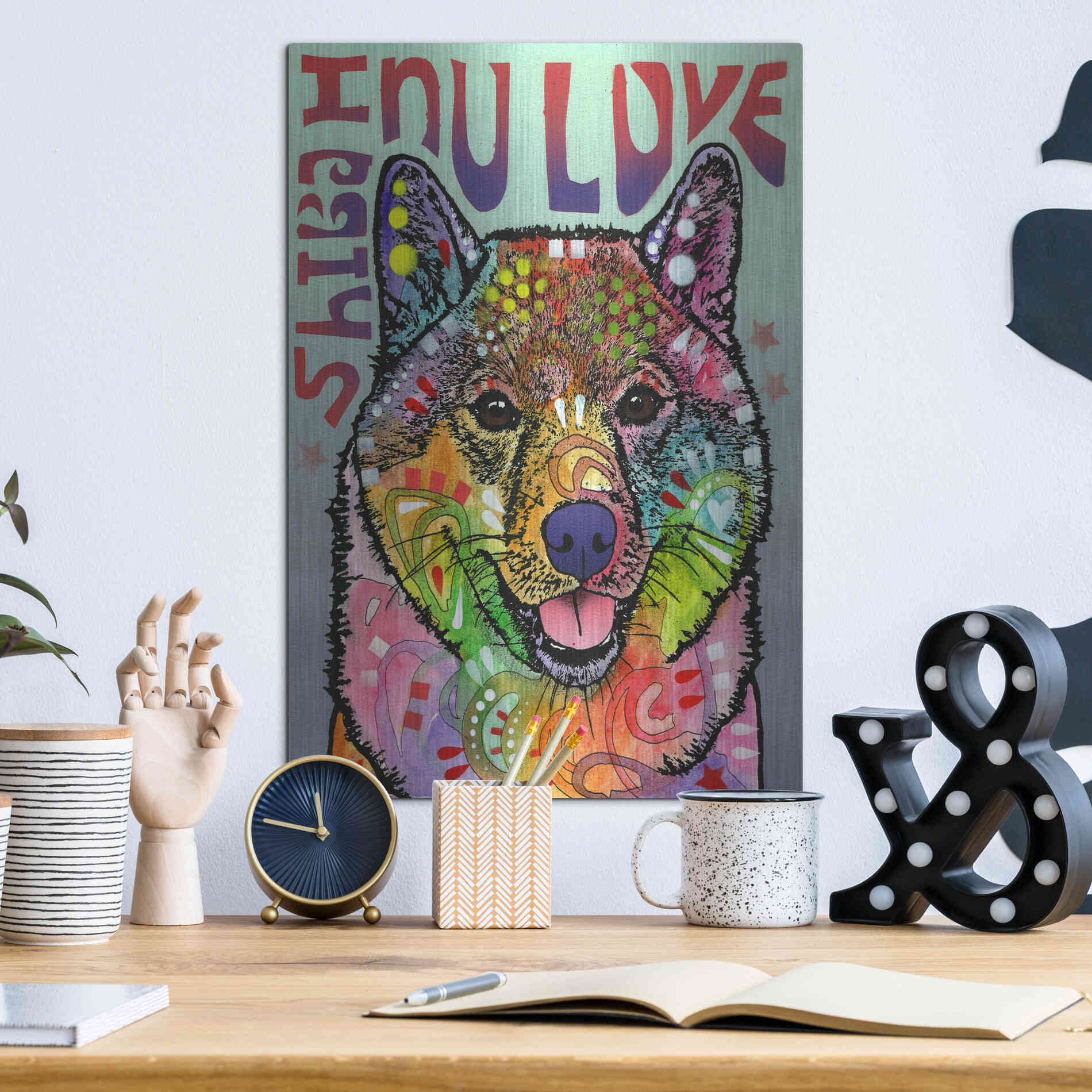 Luxe Metal Art 'Shiba Inu Luv' by Dean Russo, Metal Wall Art,12x16