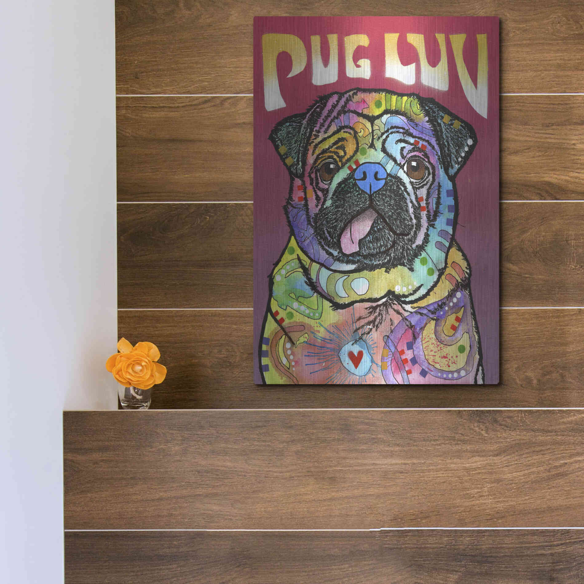 Luxe Metal Art 'Pug Luv' by Dean Russo, Metal Wall Art,12x16