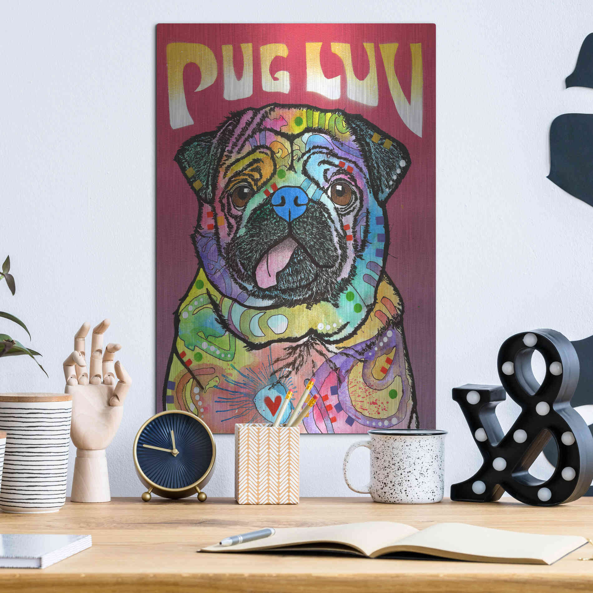 Luxe Metal Art 'Pug Luv' by Dean Russo, Metal Wall Art,12x16