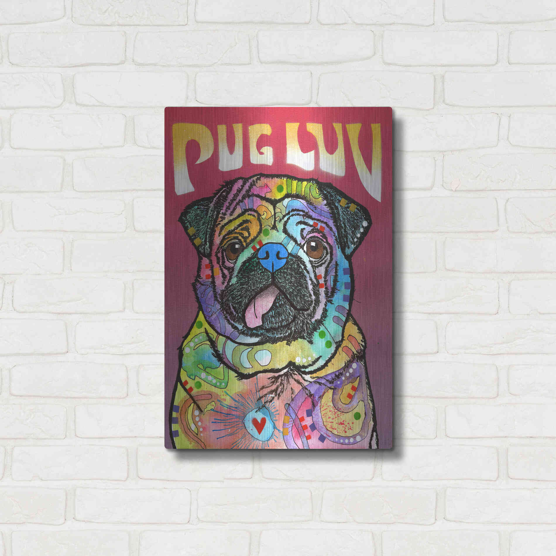 Luxe Metal Art 'Pug Luv' by Dean Russo, Metal Wall Art,16x24