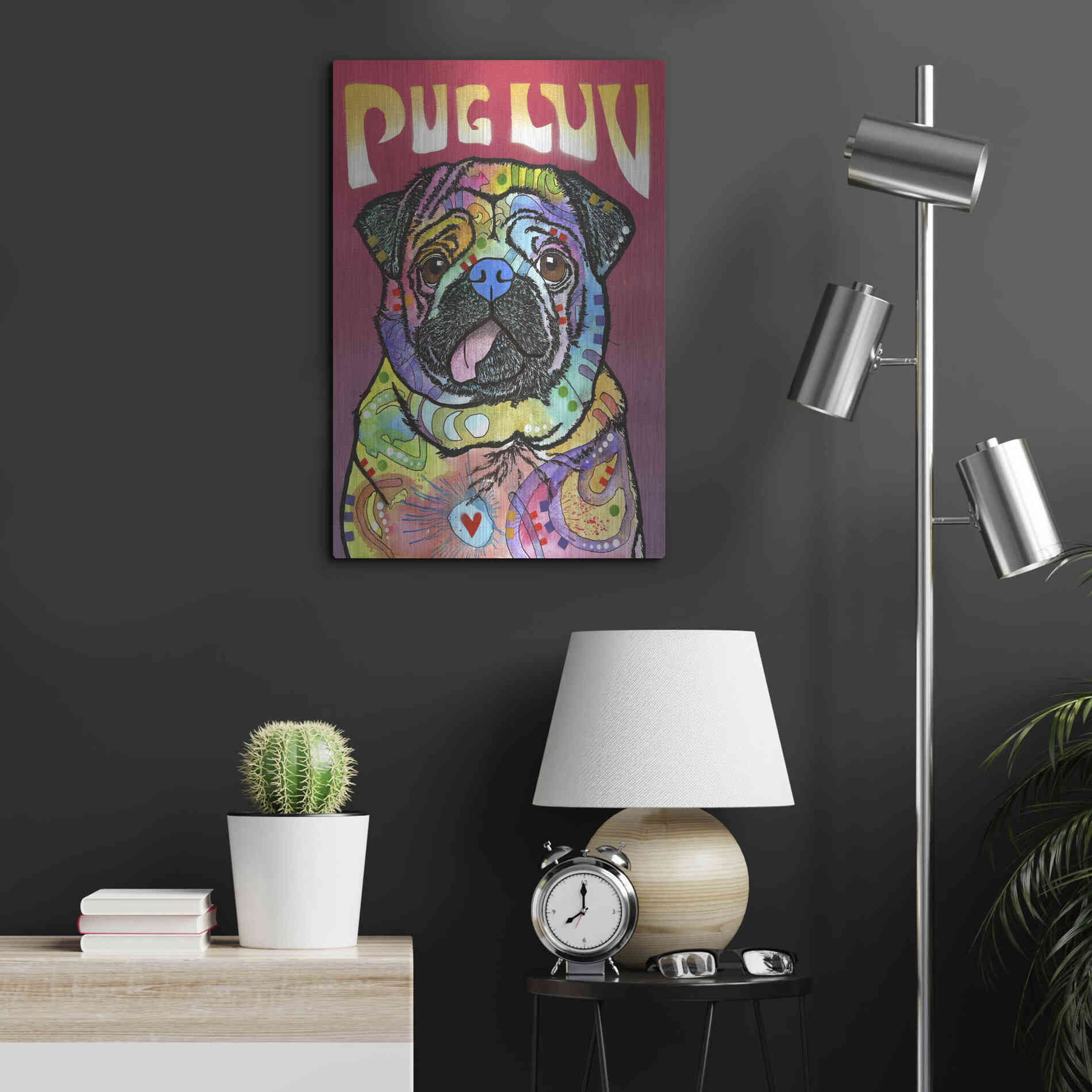 Luxe Metal Art 'Pug Luv' by Dean Russo, Metal Wall Art,16x24