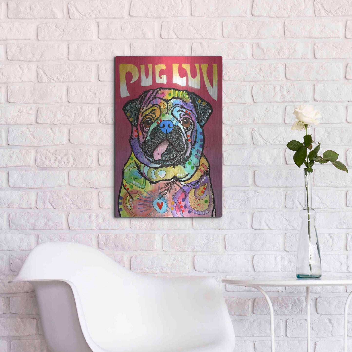 Luxe Metal Art 'Pug Luv' by Dean Russo, Metal Wall Art,16x24