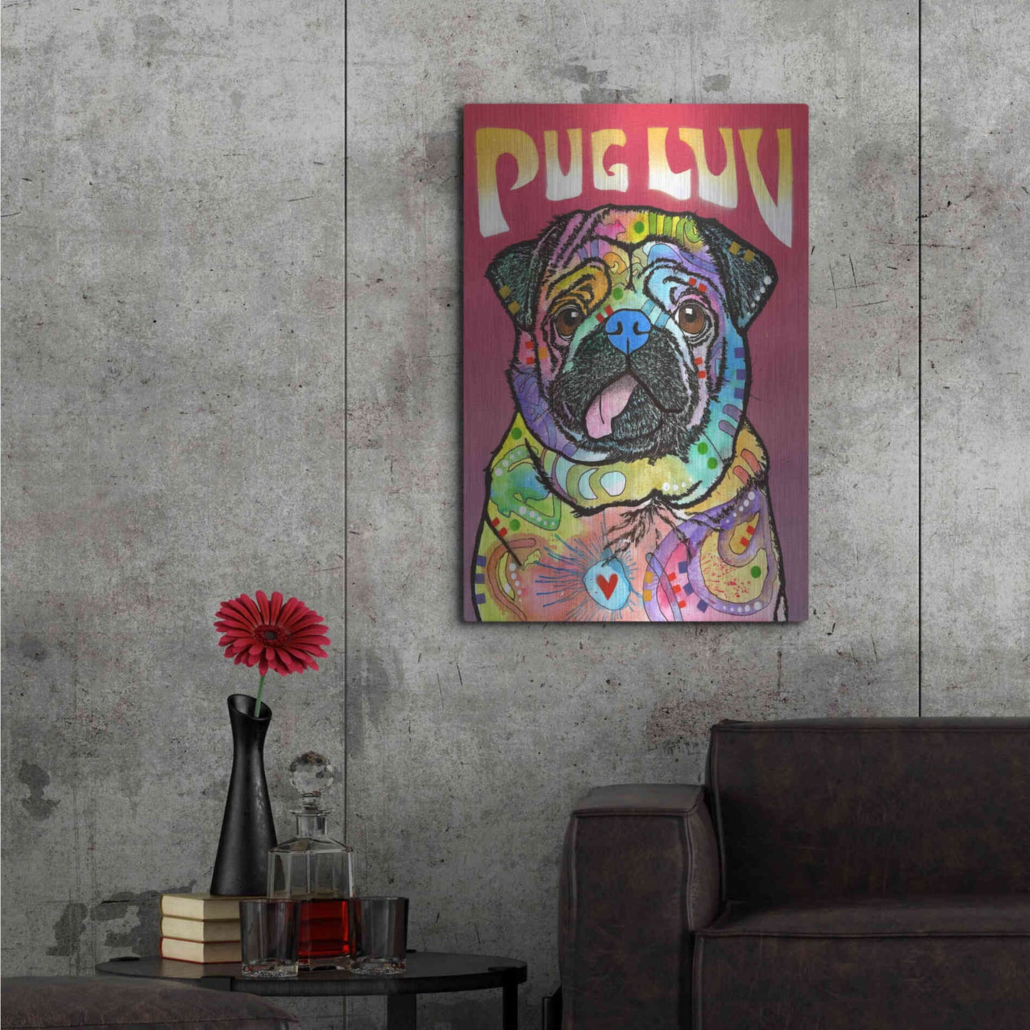 Luxe Metal Art 'Pug Luv' by Dean Russo, Metal Wall Art,24x36