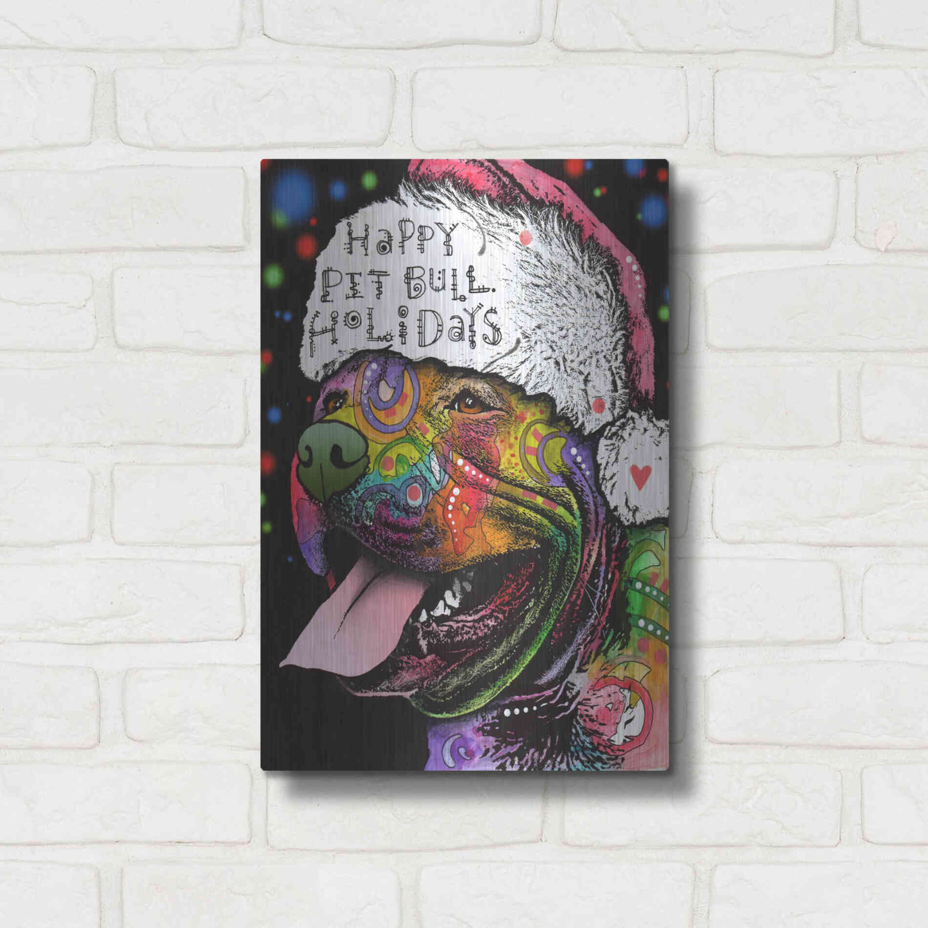 Luxe Metal Art 'Christmas Pitbull' by Dean Russo, Metal Wall Art,12x16