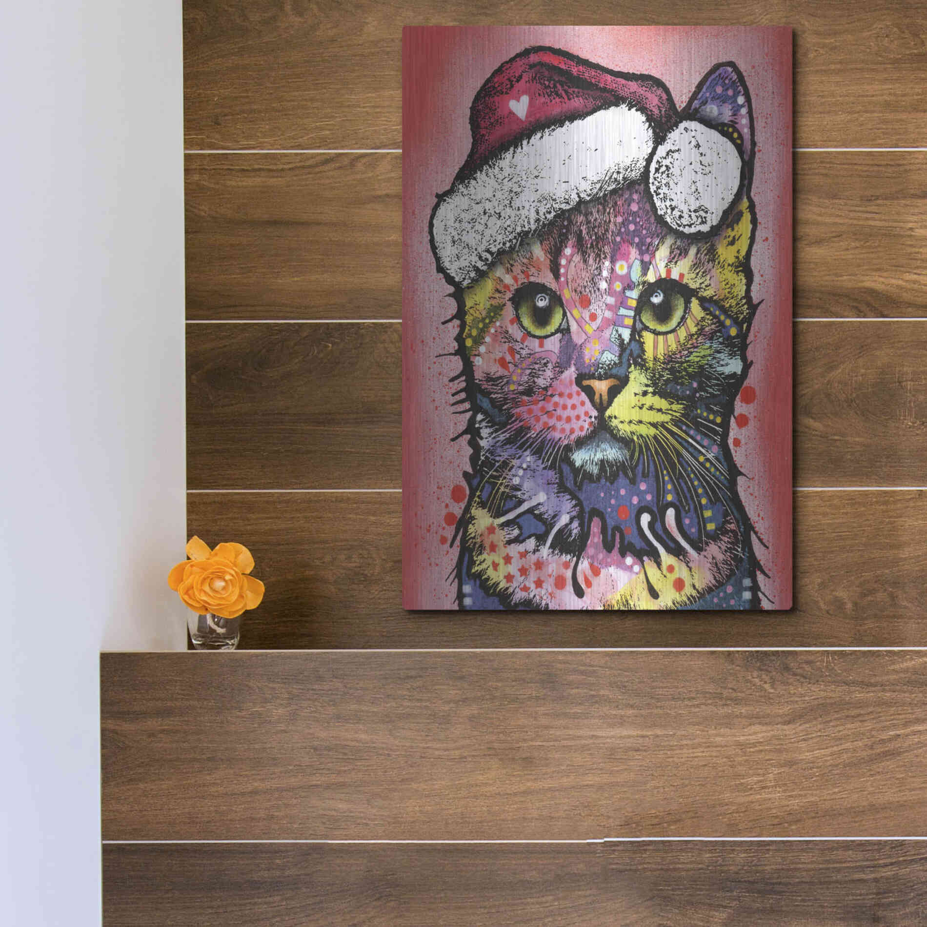 Luxe Metal Art 'Christmas Cat' by Dean Russo, Metal Wall Art,12x16