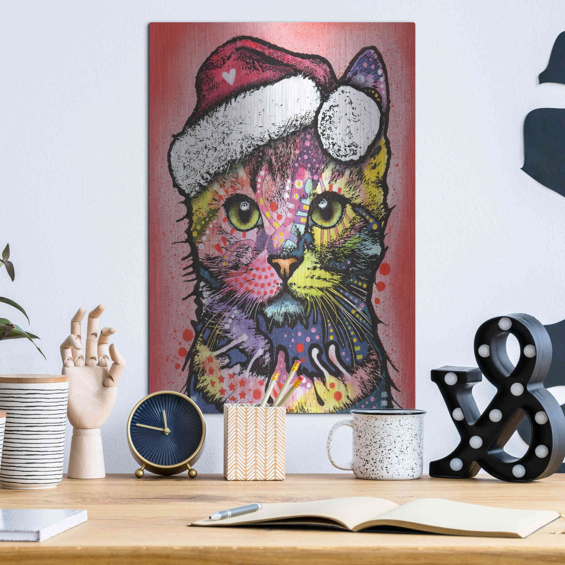 Luxe Metal Art 'Christmas Cat' by Dean Russo, Metal Wall Art,12x16