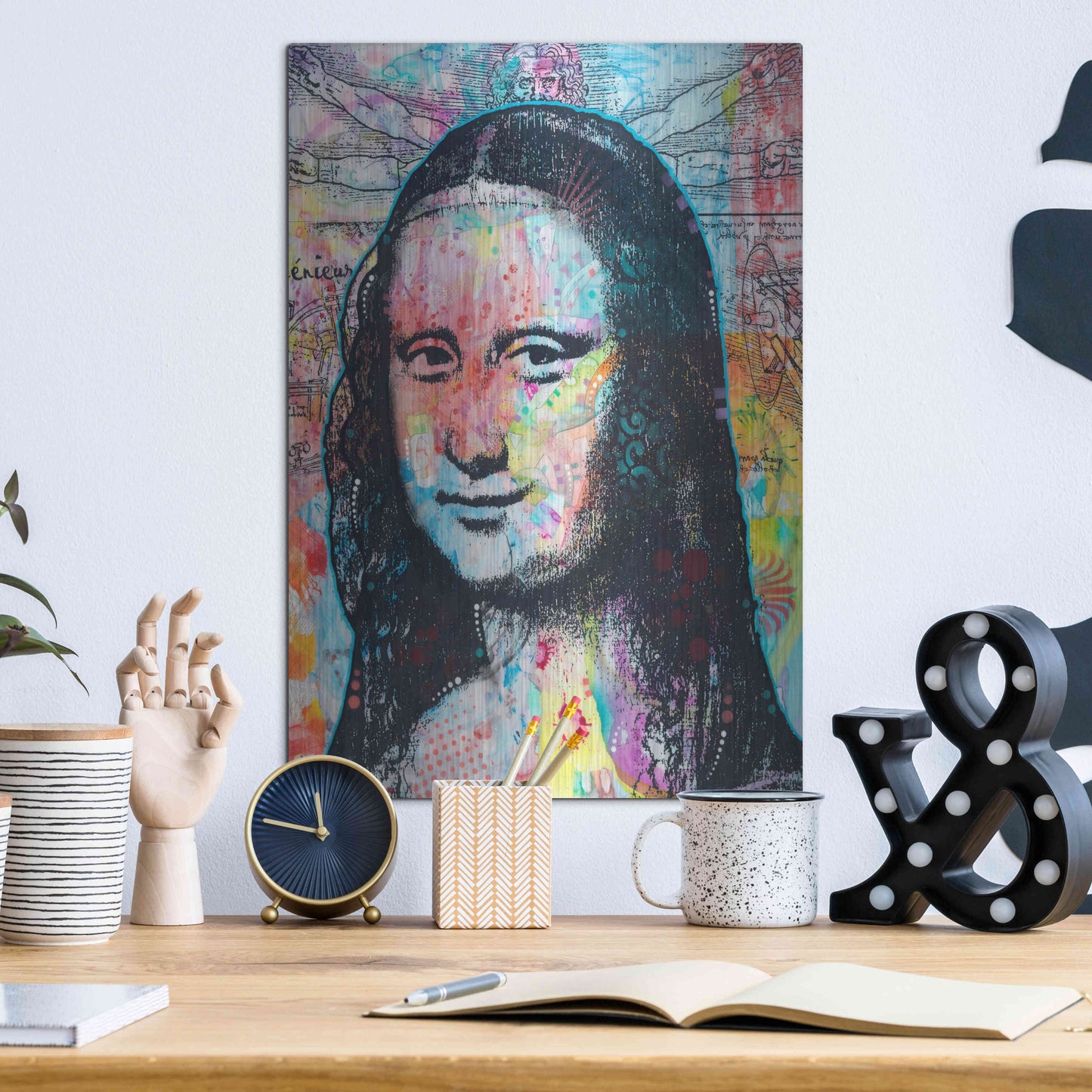 Luxe Metal Art 'Mona Lisa with David on Top' by Dean Russo, Metal Wall Art,12x16