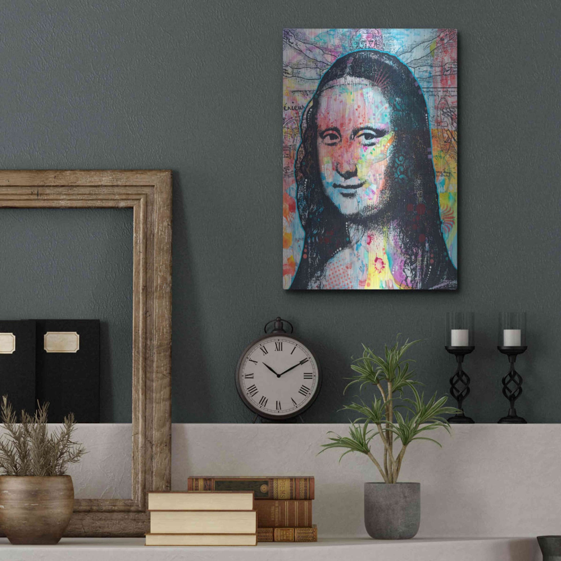 Luxe Metal Art 'Mona Lisa with David on Top' by Dean Russo, Metal Wall Art,12x16