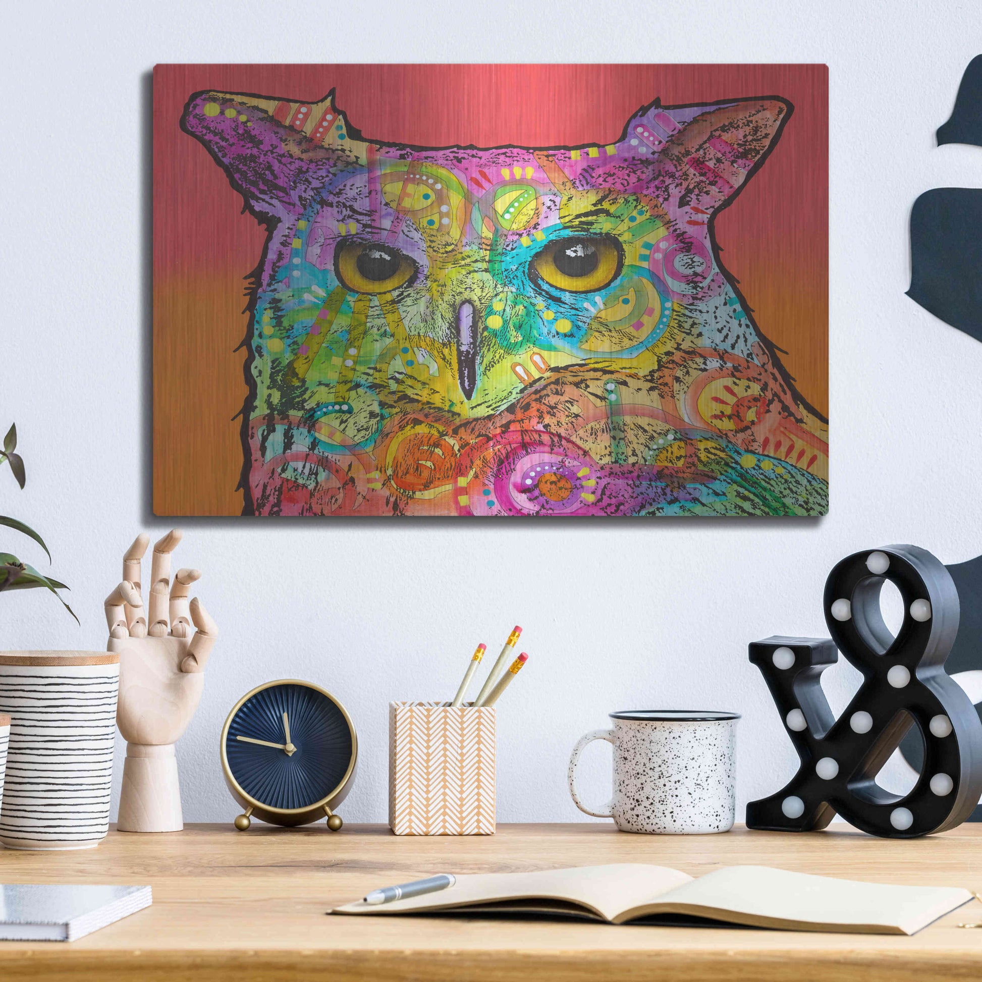 Luxe Metal Art 'Red Owl' by Dean Russo, Metal Wall Art,16x12