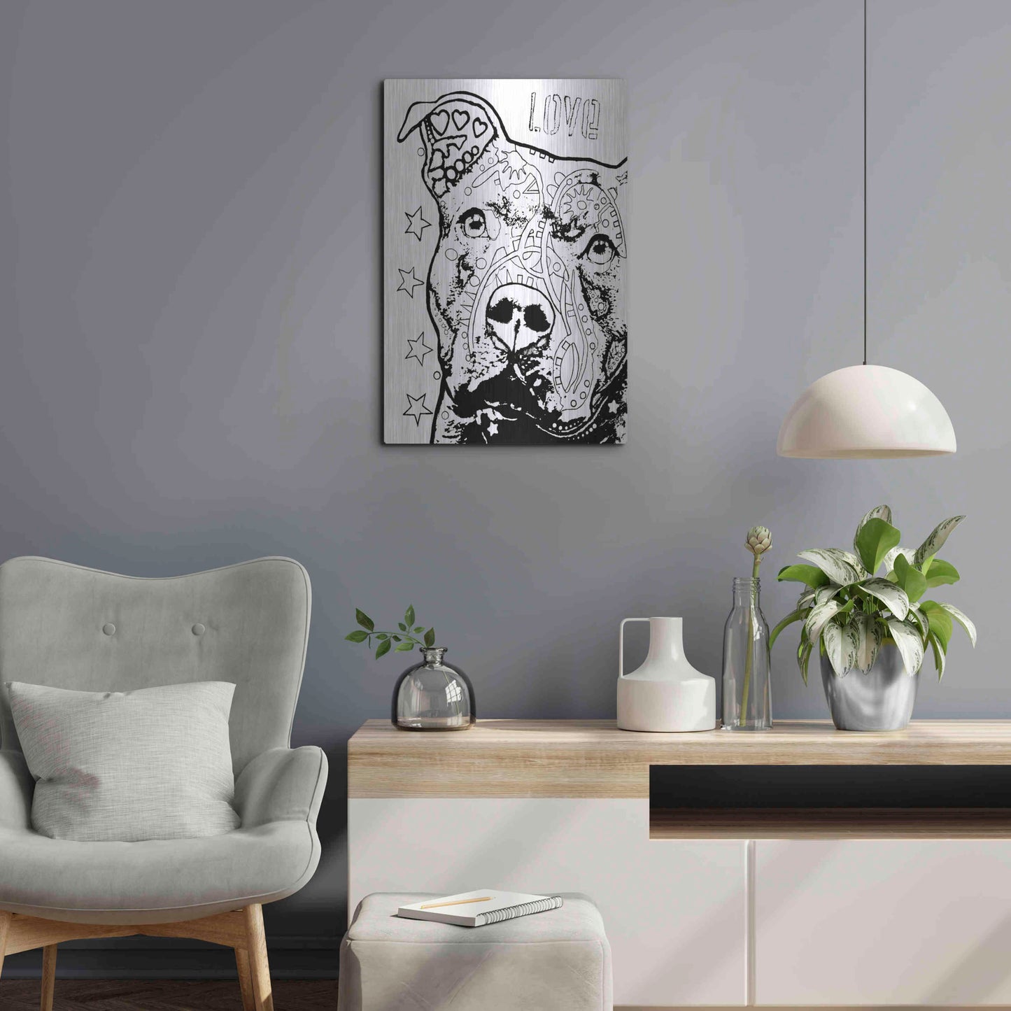 Luxe Metal Art 'Thoughtful Pitbull CB 1' by Dean Russo, Metal Wall Art,16x24