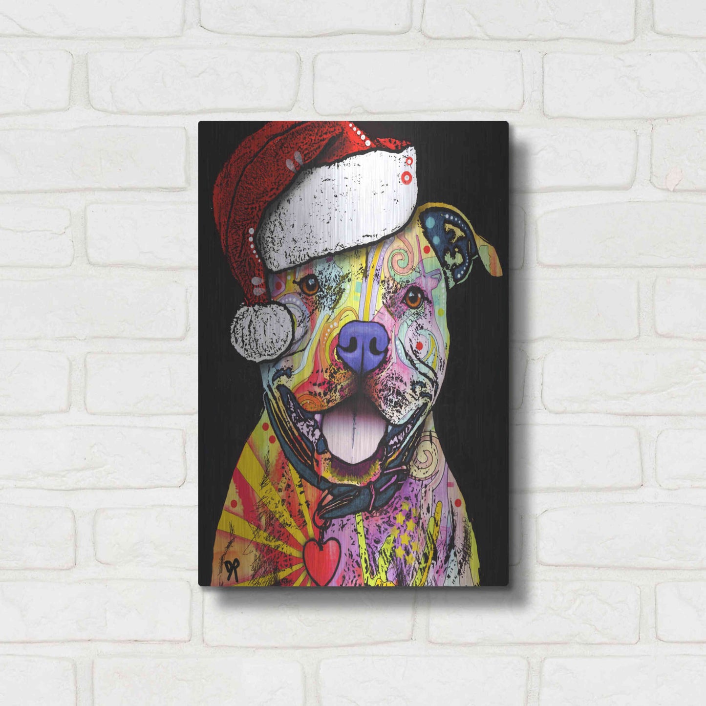 Luxe Metal Art 'Beware of Pit Bulls Christmas Edition' by Dean Russo, Metal Wall Art,12x16