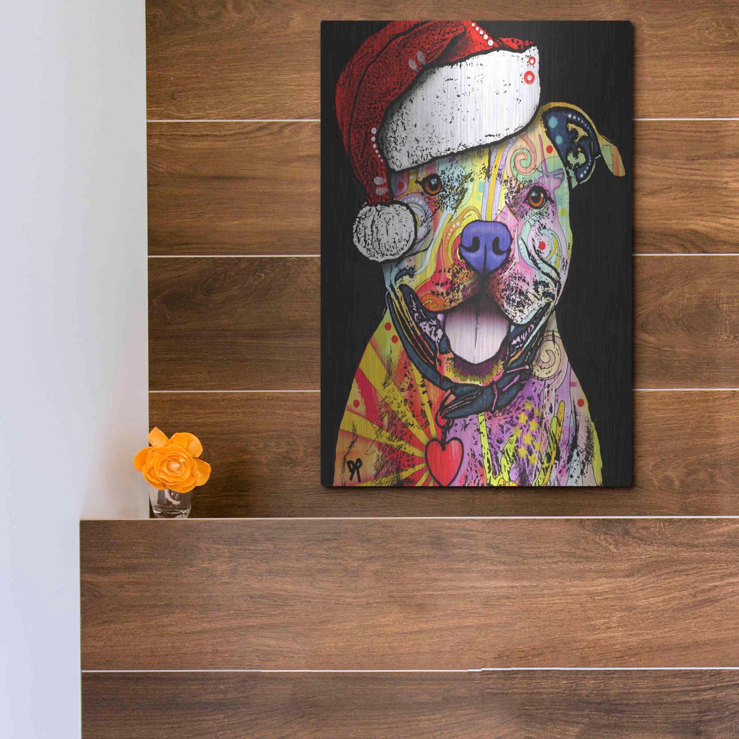 Luxe Metal Art 'Beware of Pit Bulls Christmas Edition' by Dean Russo, Metal Wall Art,12x16