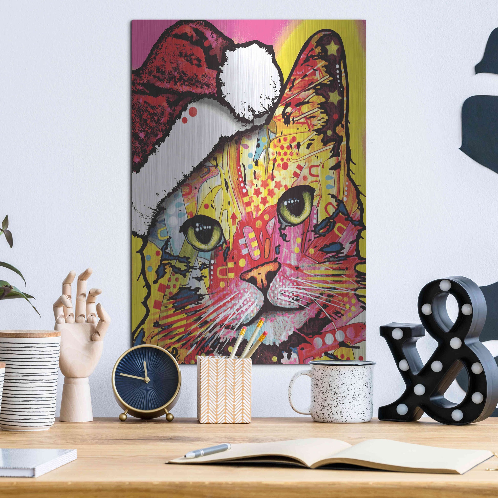 Luxe Metal Art 'Tilt Cat Christmas Edition' by Dean Russo, Metal Wall Art,12x16