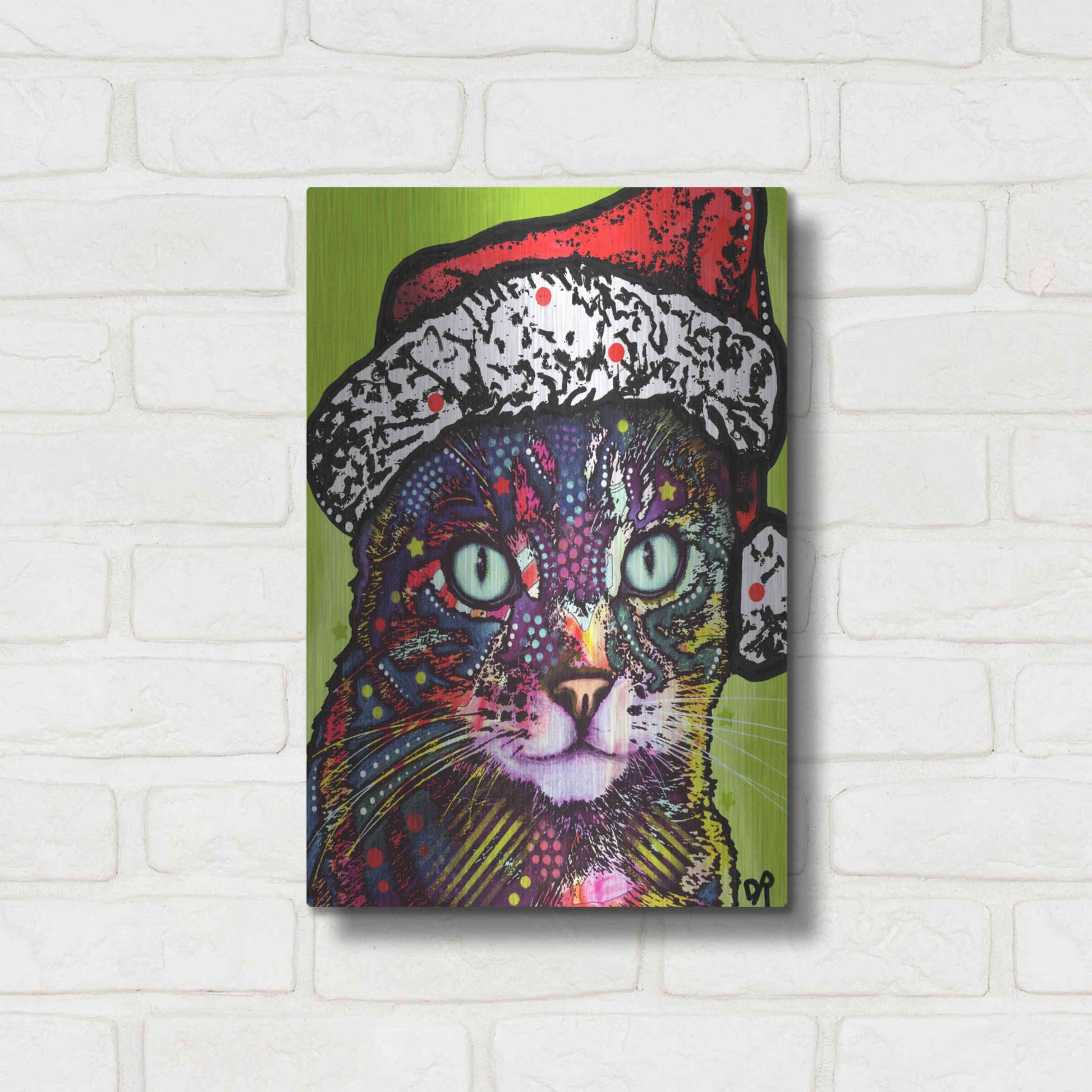 Luxe Metal Art 'Watchful Cat Christmas Edition' by Dean Russo, Metal Wall Art,12x16