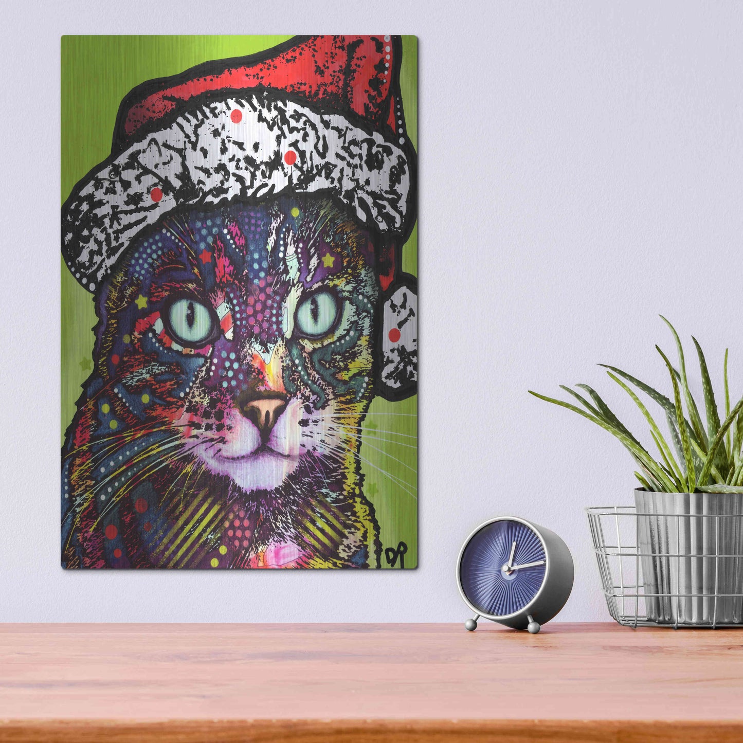 Luxe Metal Art 'Watchful Cat Christmas Edition' by Dean Russo, Metal Wall Art,12x16