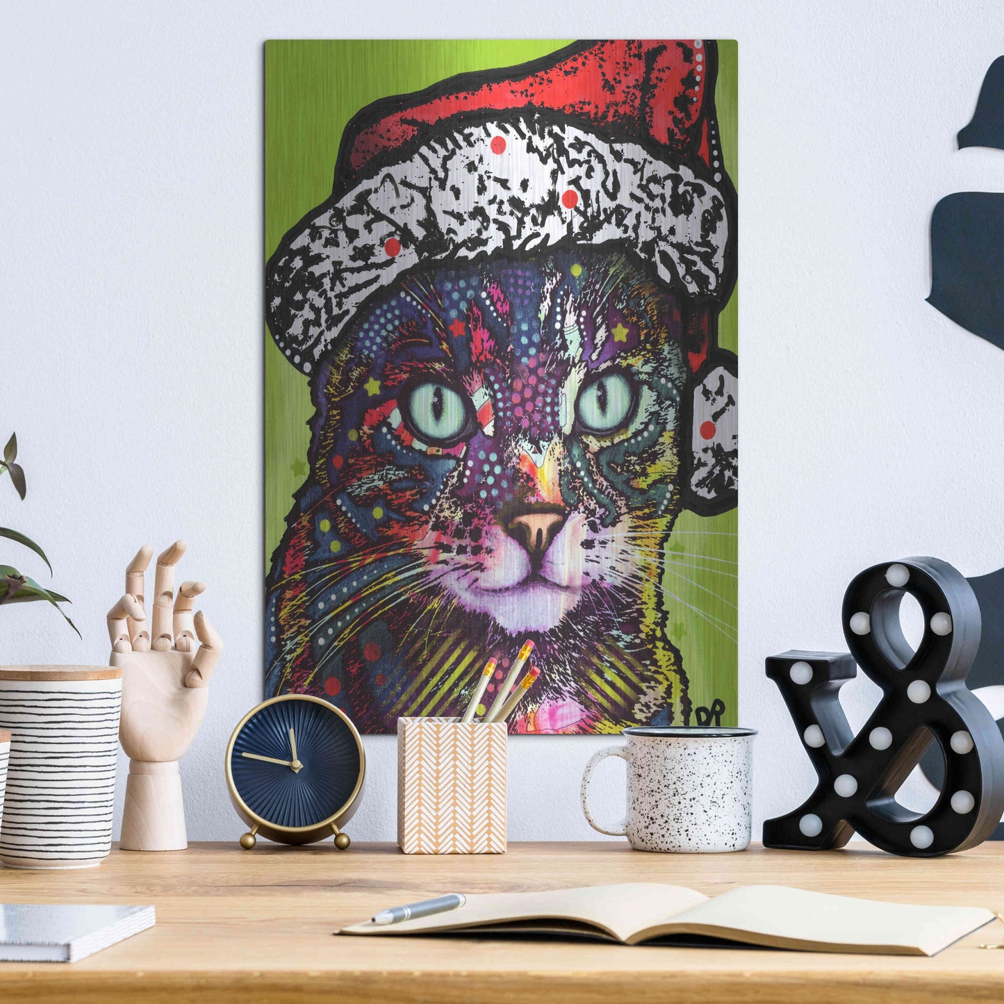 Luxe Metal Art 'Watchful Cat Christmas Edition' by Dean Russo, Metal Wall Art,12x16