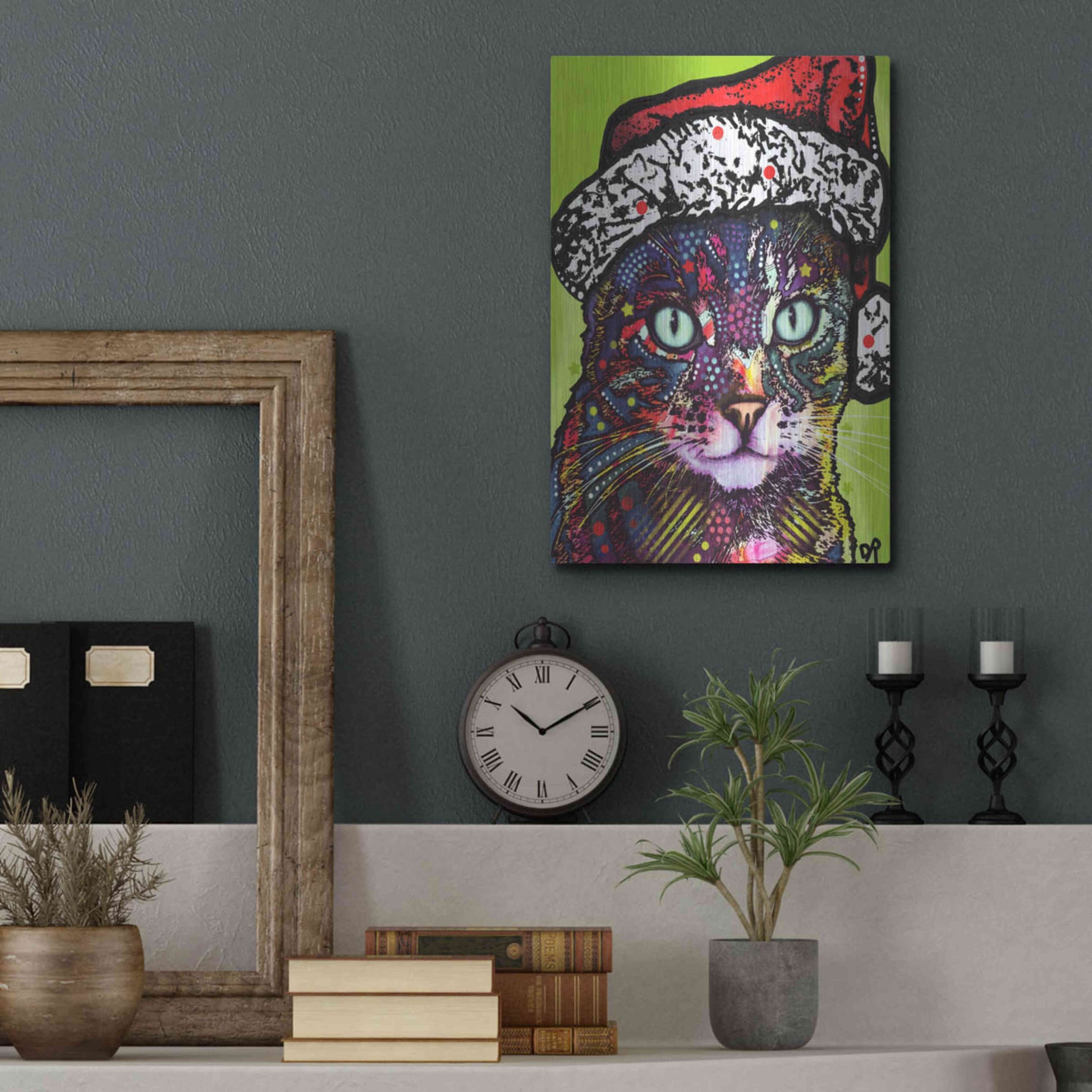 Luxe Metal Art 'Watchful Cat Christmas Edition' by Dean Russo, Metal Wall Art,12x16