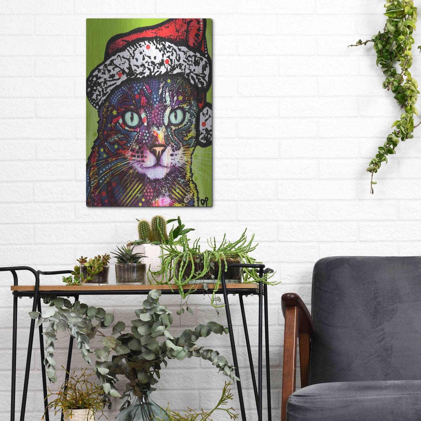 Luxe Metal Art 'Watchful Cat Christmas Edition' by Dean Russo, Metal Wall Art,12x16