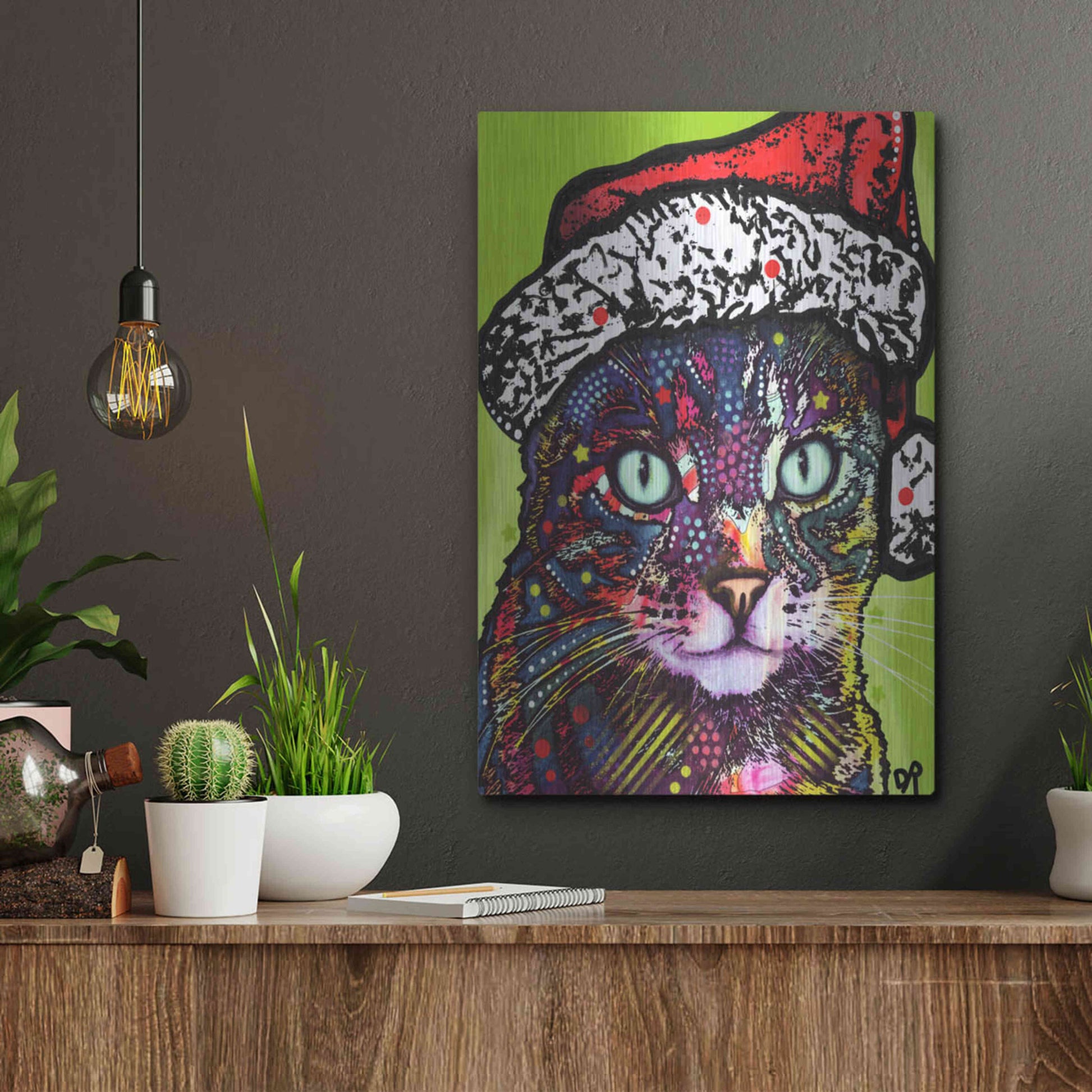 Luxe Metal Art 'Watchful Cat Christmas Edition' by Dean Russo, Metal Wall Art,12x16