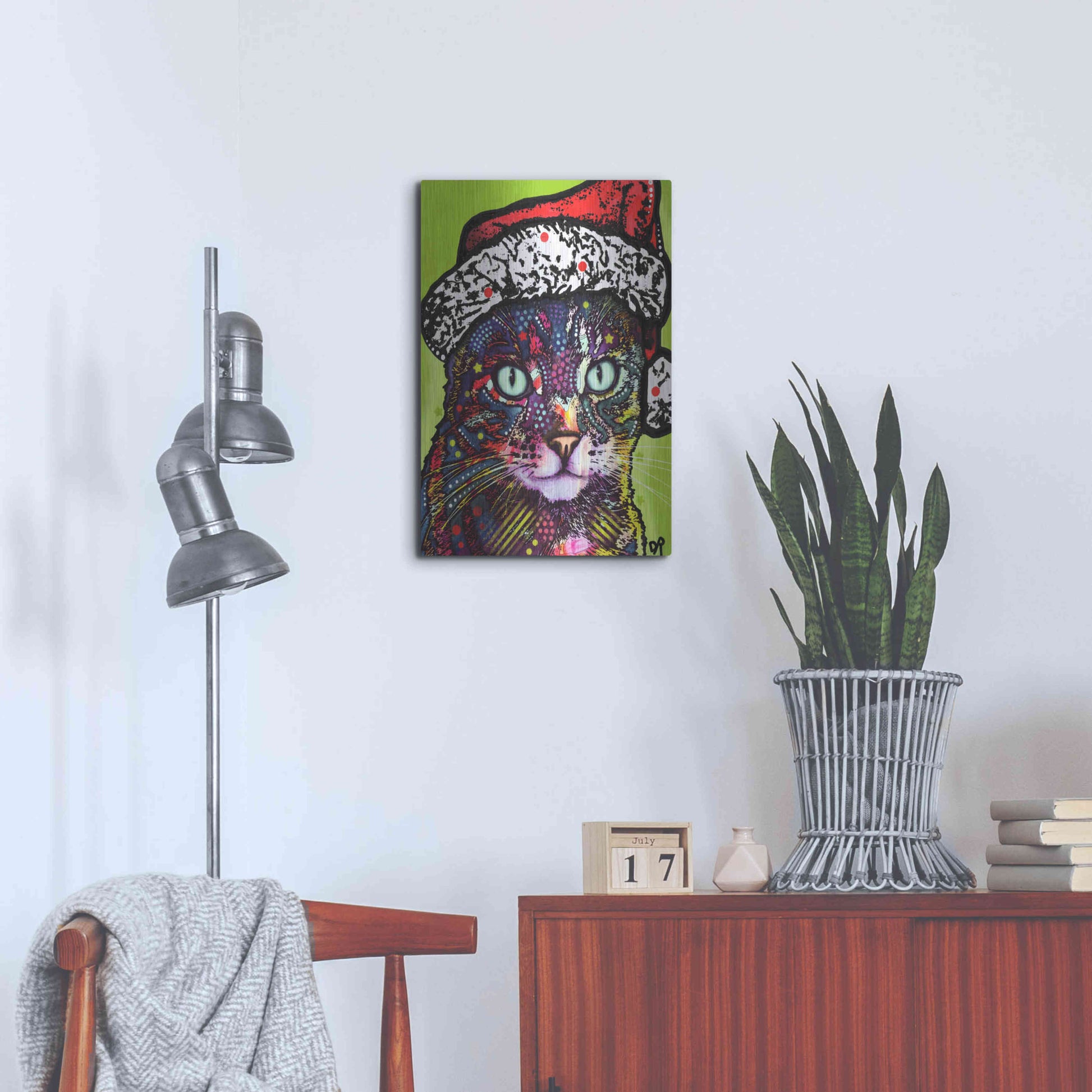 Luxe Metal Art 'Watchful Cat Christmas Edition' by Dean Russo, Metal Wall Art,16x24