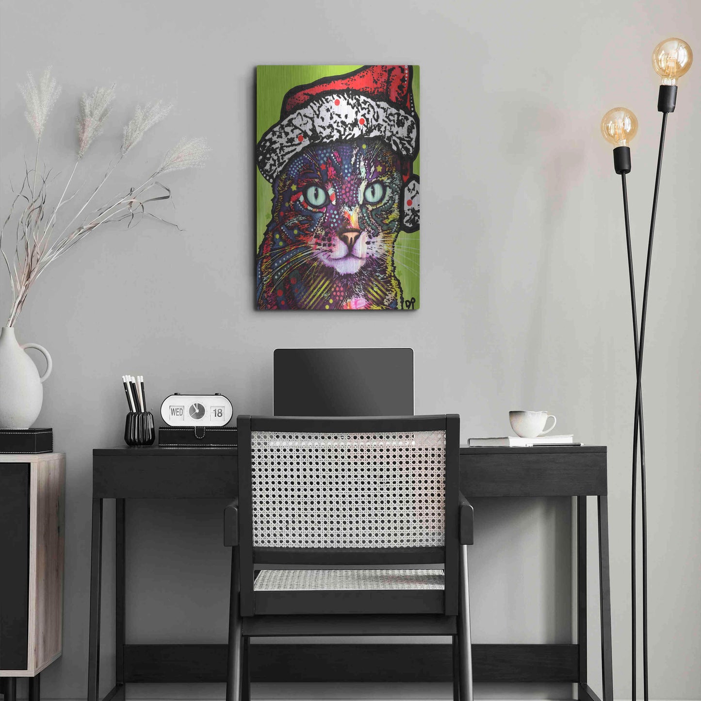 Luxe Metal Art 'Watchful Cat Christmas Edition' by Dean Russo, Metal Wall Art,16x24