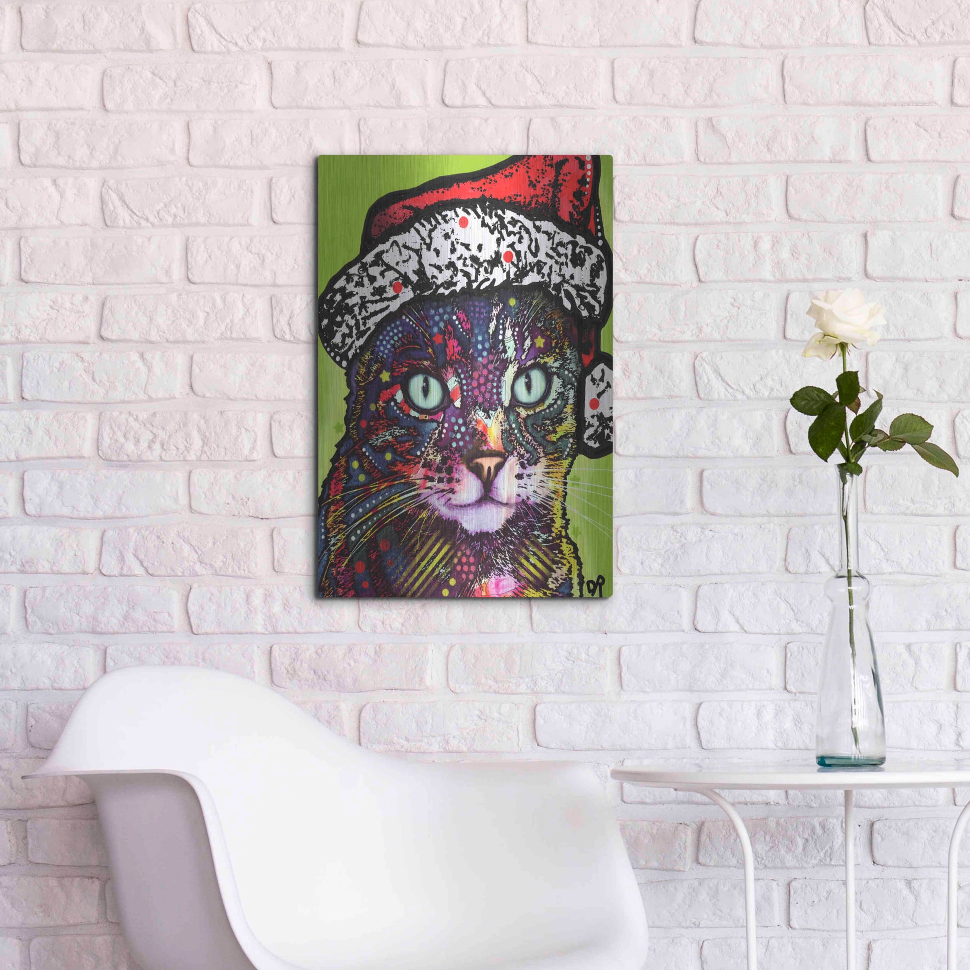 Luxe Metal Art 'Watchful Cat Christmas Edition' by Dean Russo, Metal Wall Art,16x24