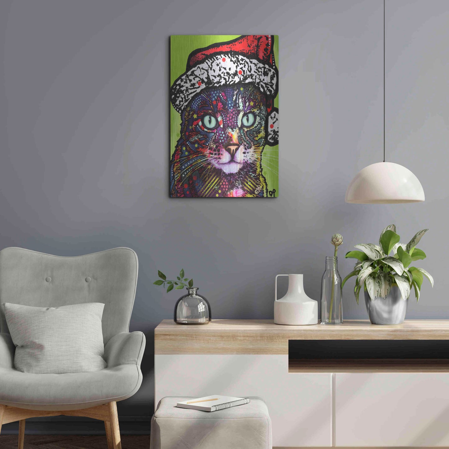 Luxe Metal Art 'Watchful Cat Christmas Edition' by Dean Russo, Metal Wall Art,16x24