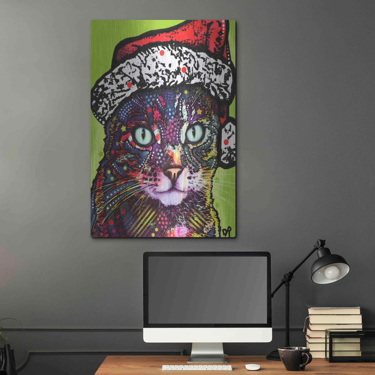 Luxe Metal Art 'Watchful Cat Christmas Edition' by Dean Russo, Metal Wall Art,24x36