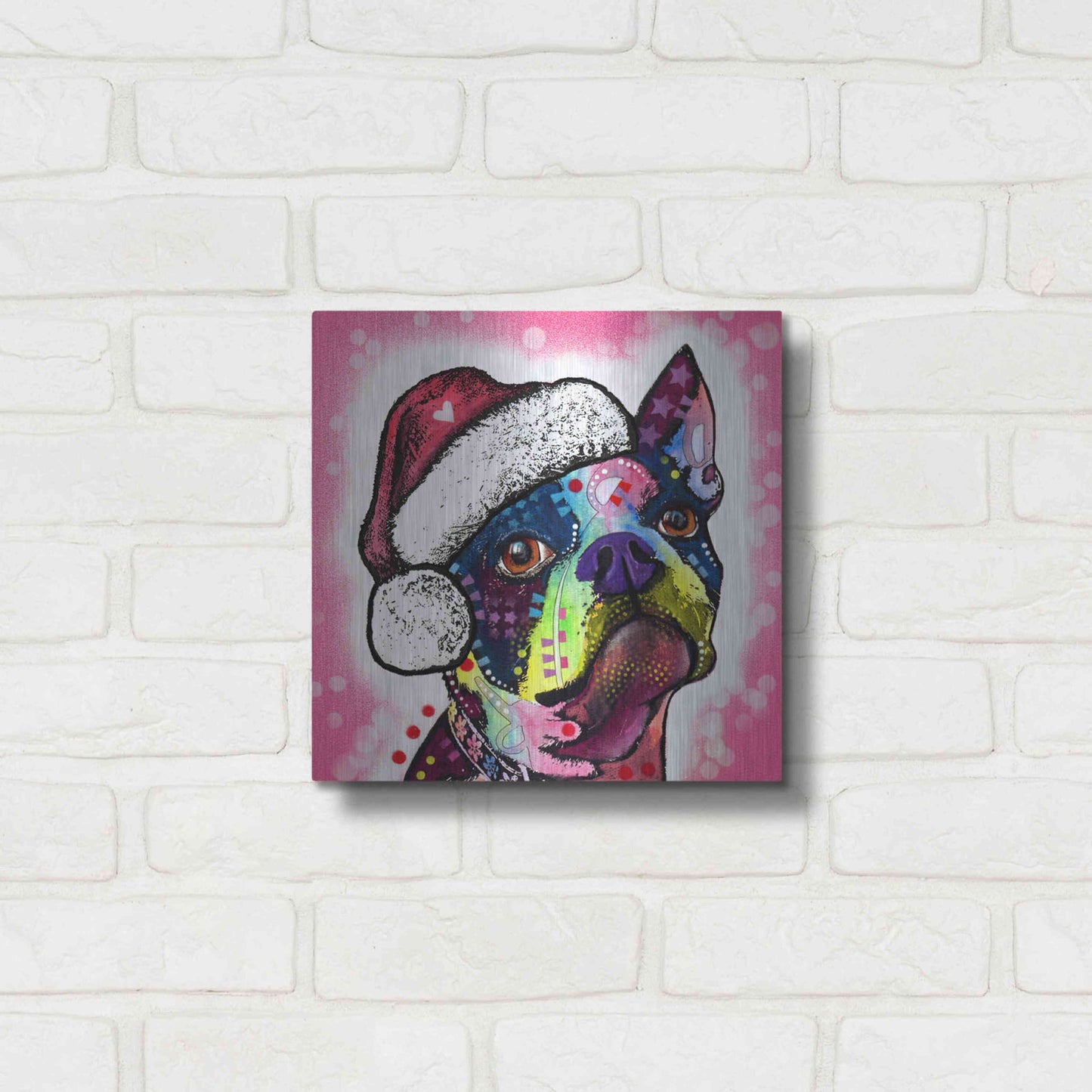 Luxe Metal Art 'Boston Terrier Christmas' by Dean Russo, Metal Wall Art,12x12