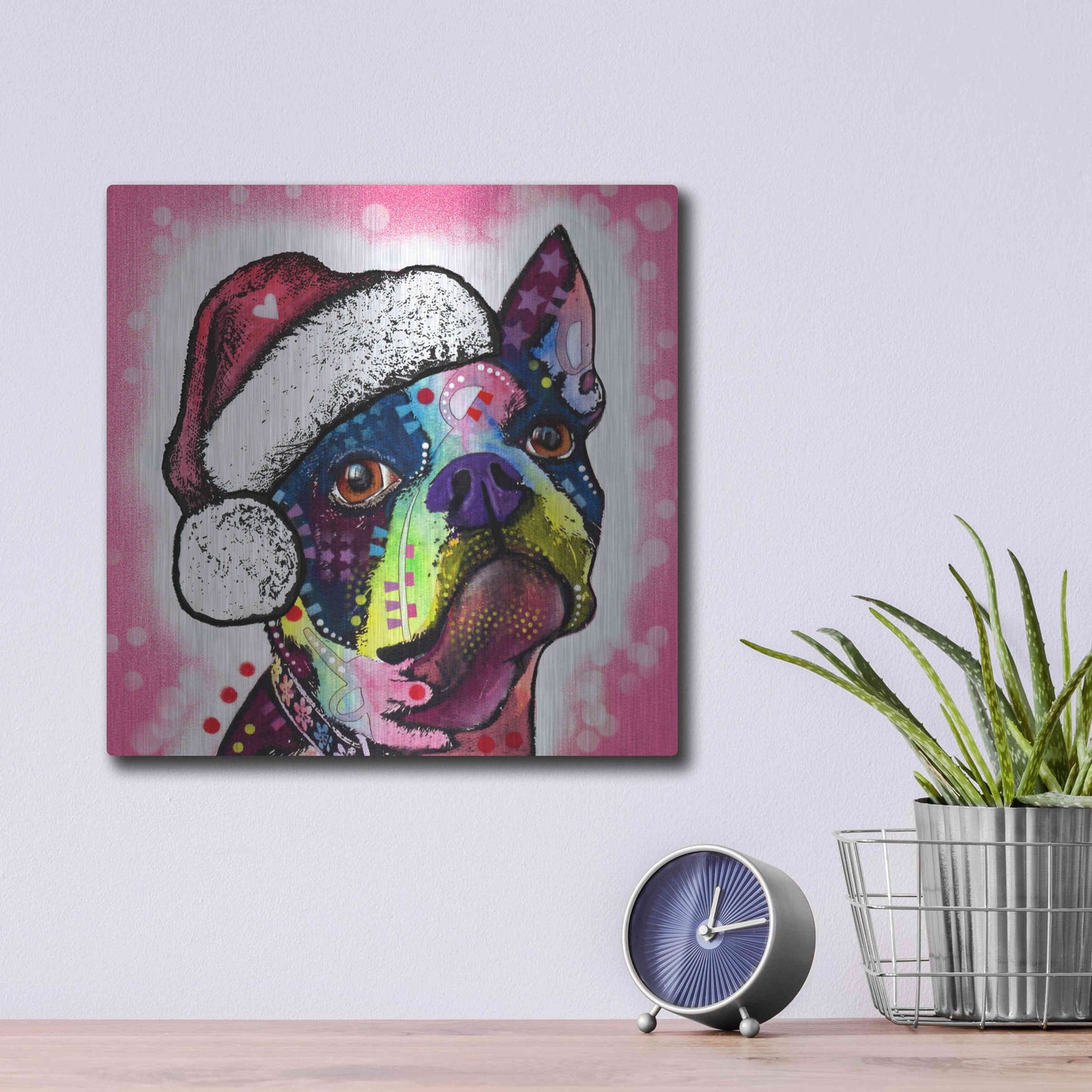 Luxe Metal Art 'Boston Terrier Christmas' by Dean Russo, Metal Wall Art,12x12