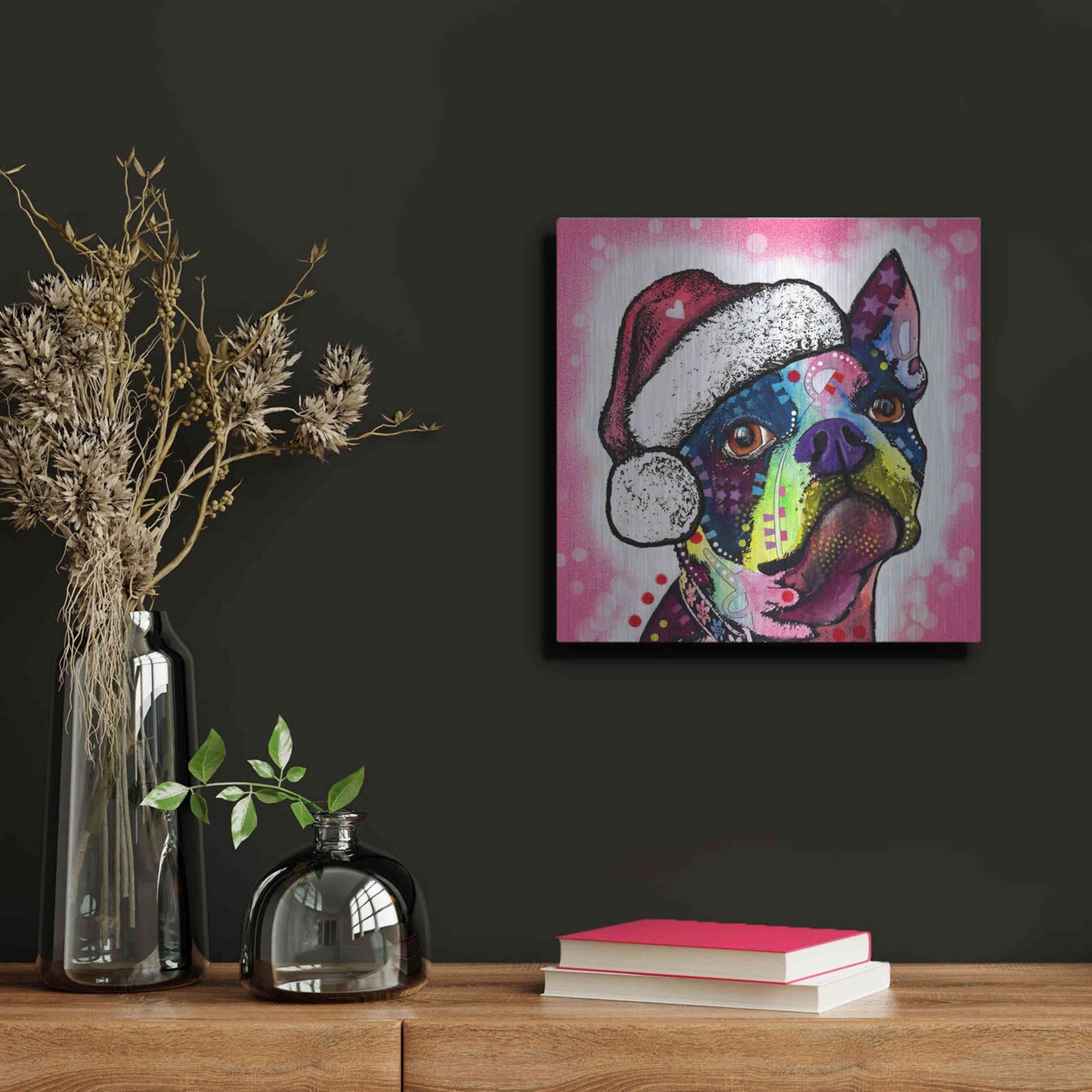 Luxe Metal Art 'Boston Terrier Christmas' by Dean Russo, Metal Wall Art,12x12