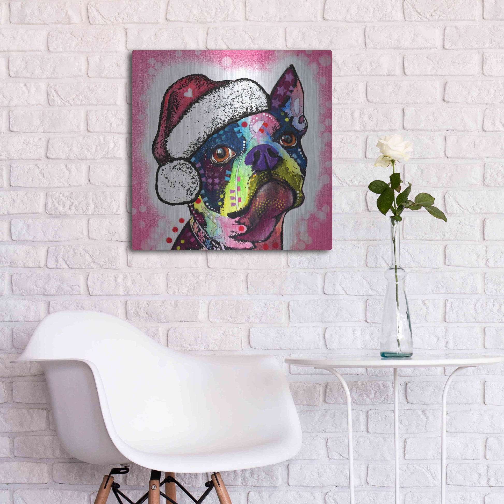 Luxe Metal Art 'Boston Terrier Christmas' by Dean Russo, Metal Wall Art,24x24