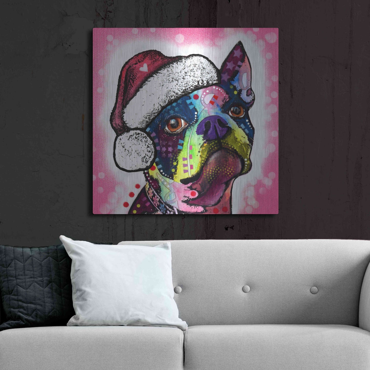 Luxe Metal Art 'Boston Terrier Christmas' by Dean Russo, Metal Wall Art,36x36